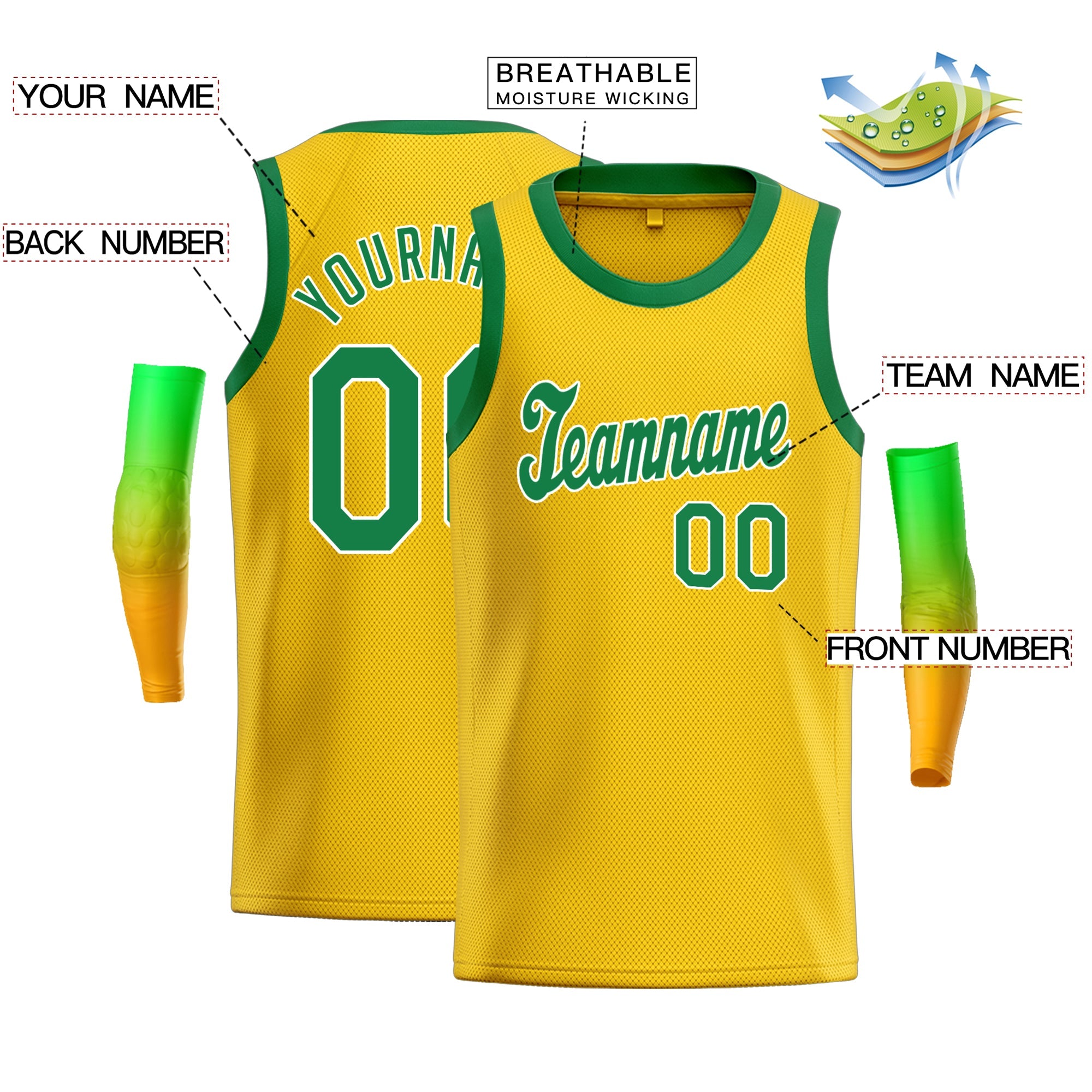 Maillot de basket-ball athlétique classique personnalisé jaune vert-blanc