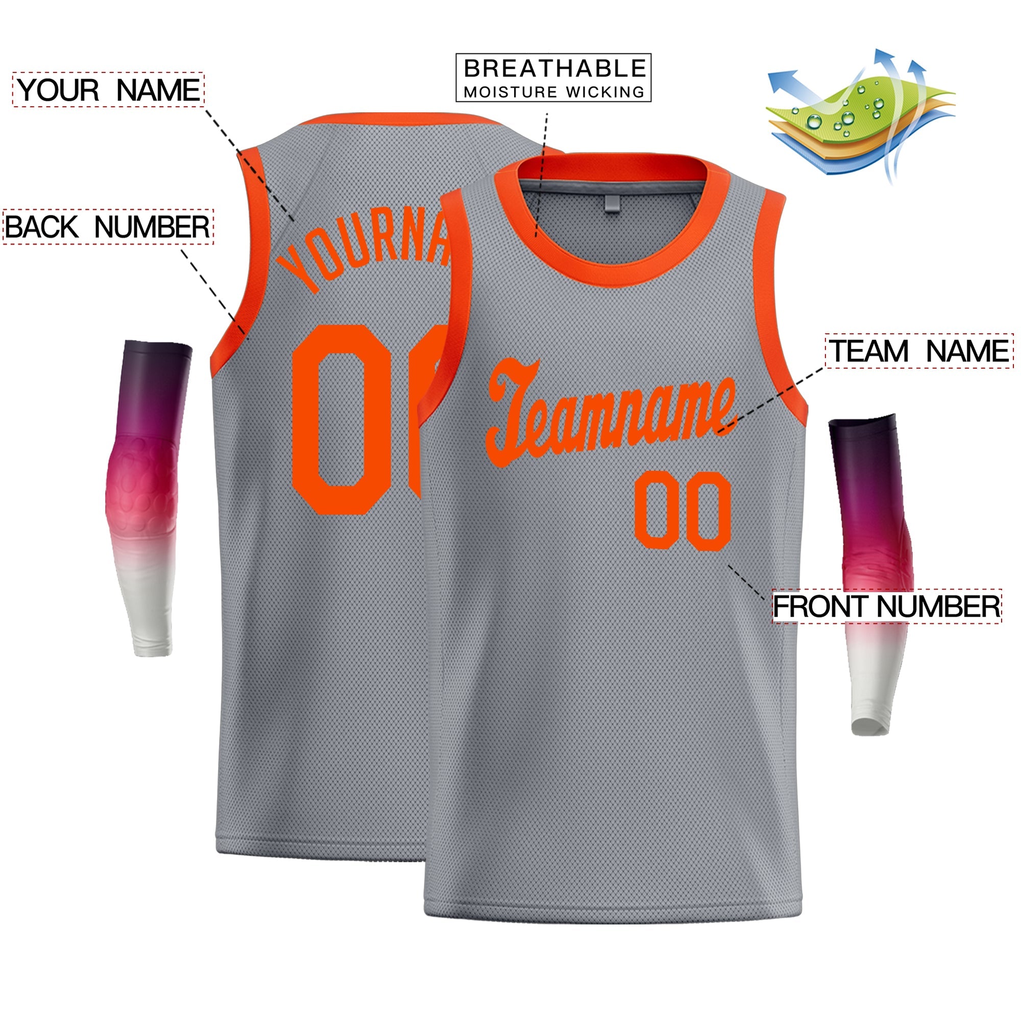 Custom Gray Orange Classic Tops Athletic Basketball Jersey