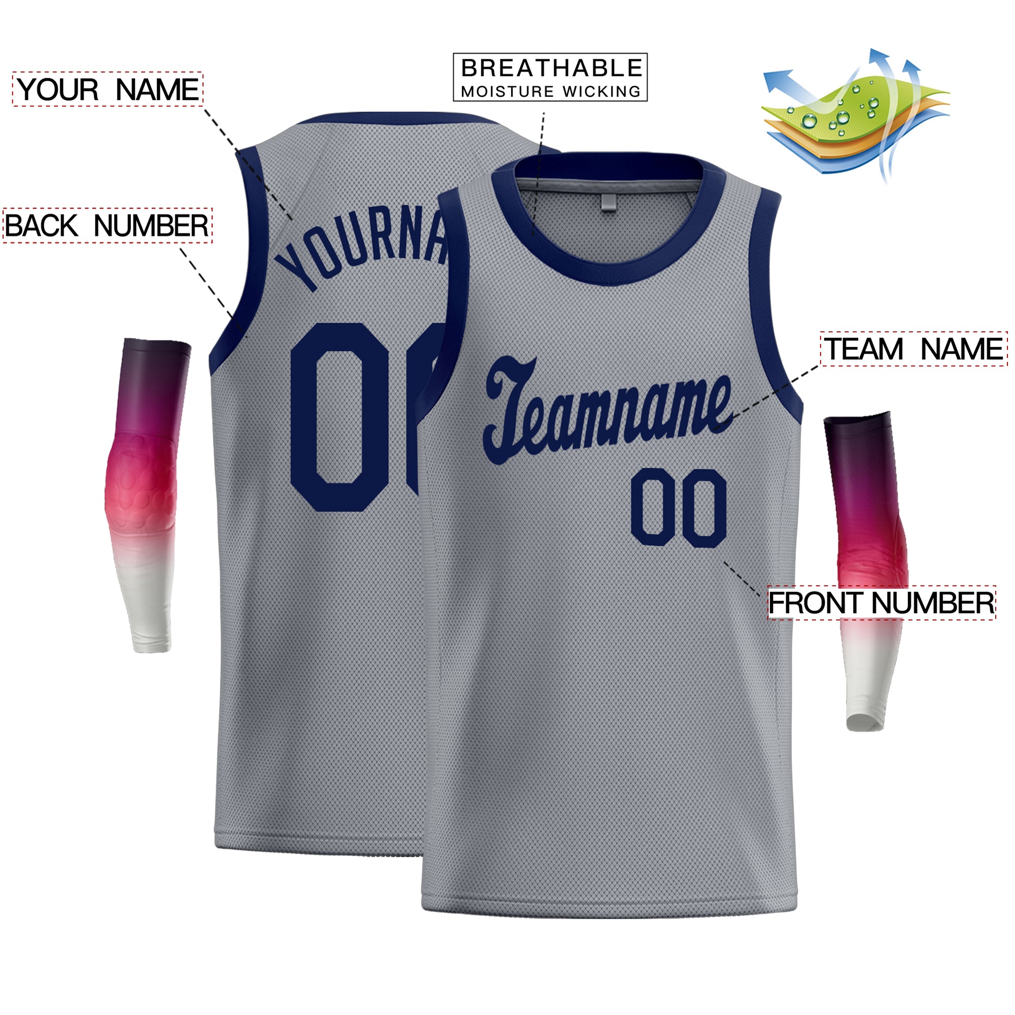 Custom Gray Navy Classic Tops Fashion Sportwear Basketball Jersey