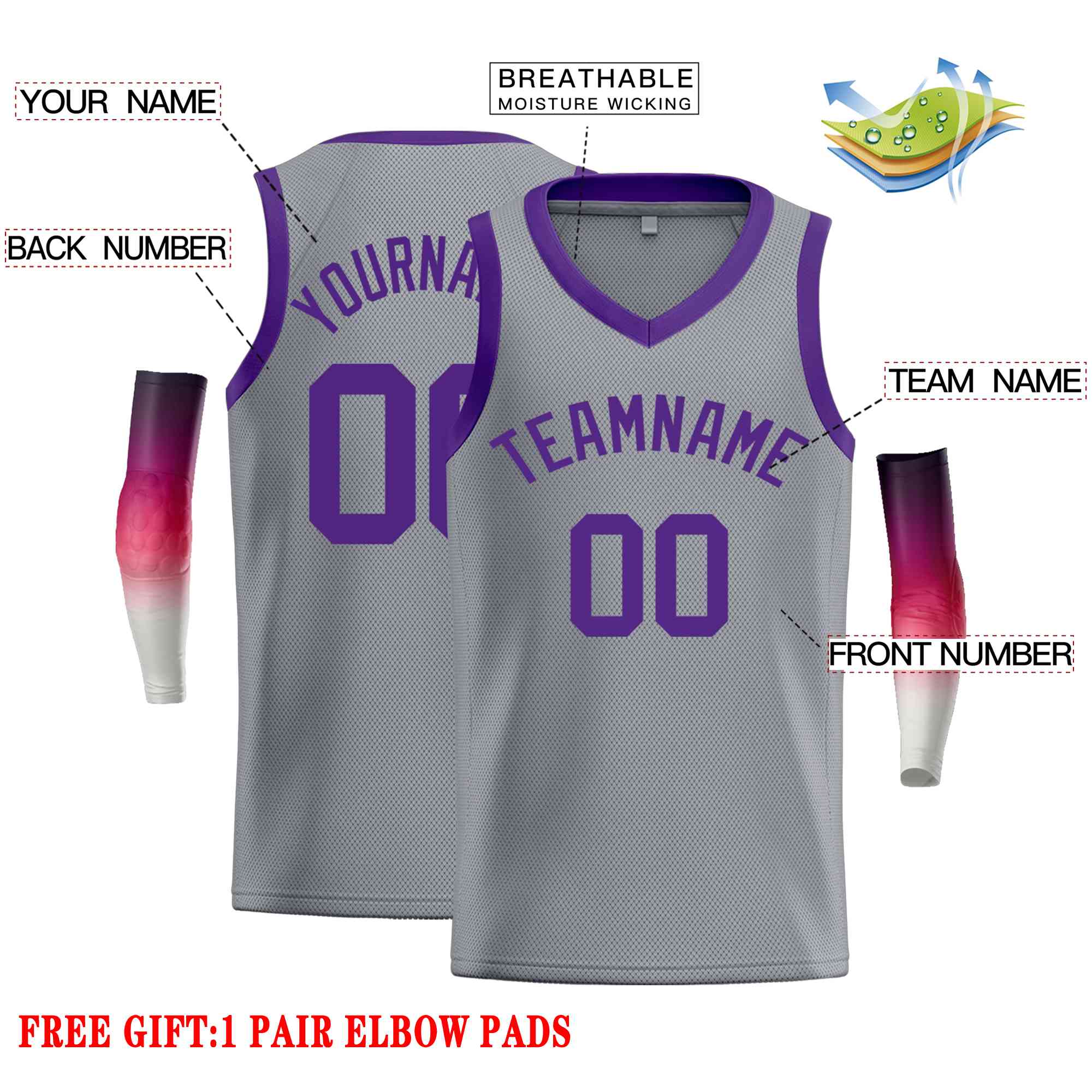 Personnalisé gris foncé violet-classique hauts hommes maillot de basket-ball décontracté