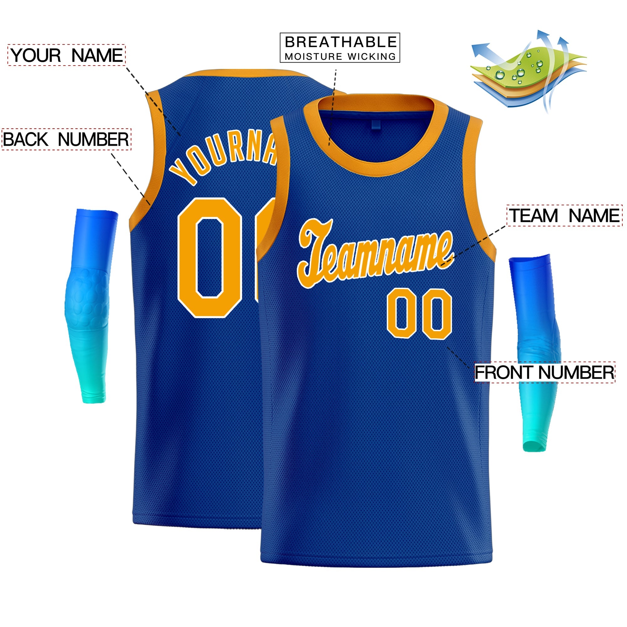 Maillot de basket-ball athlétique personnalisé bleu jaune-blanc, hauts classiques pour hommes/garçon