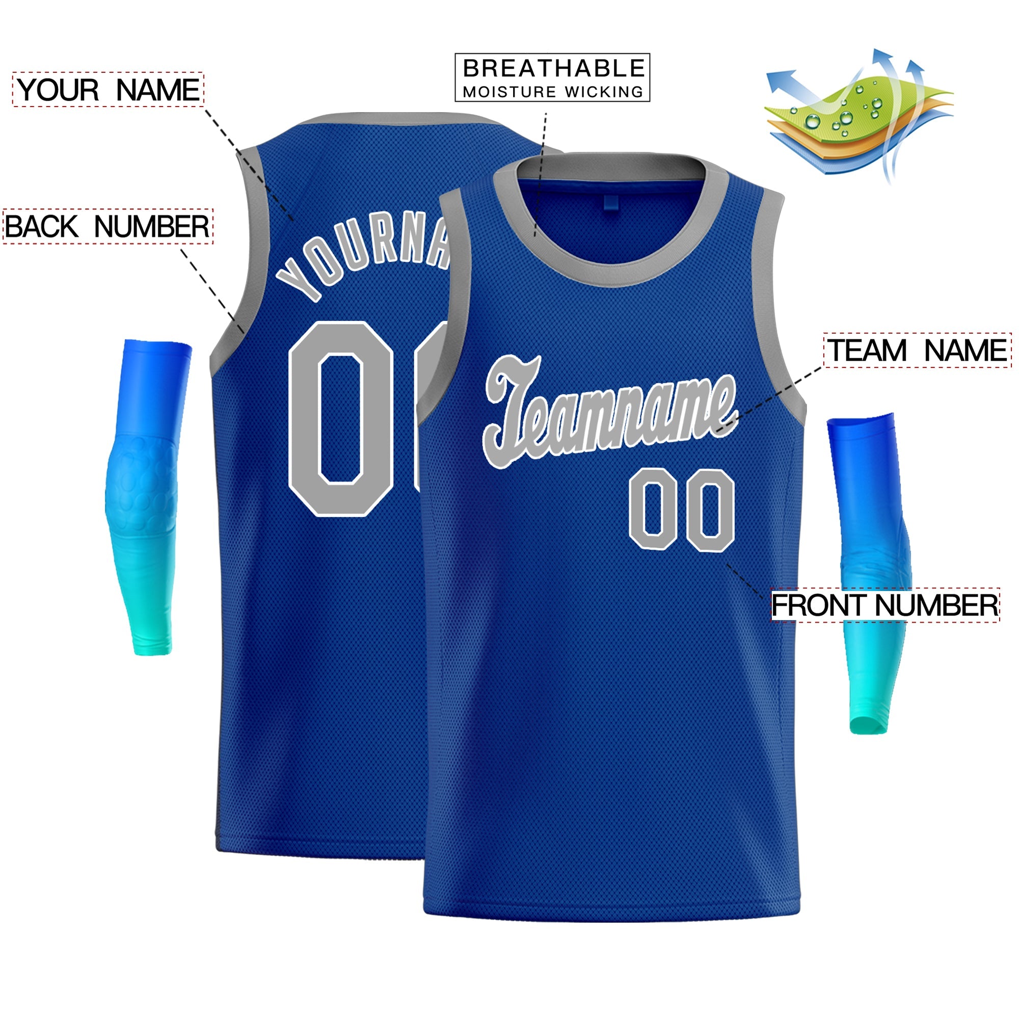 Custom Blue Grey-White Classic Tops Men/Boy Athletic Basketball Jersey