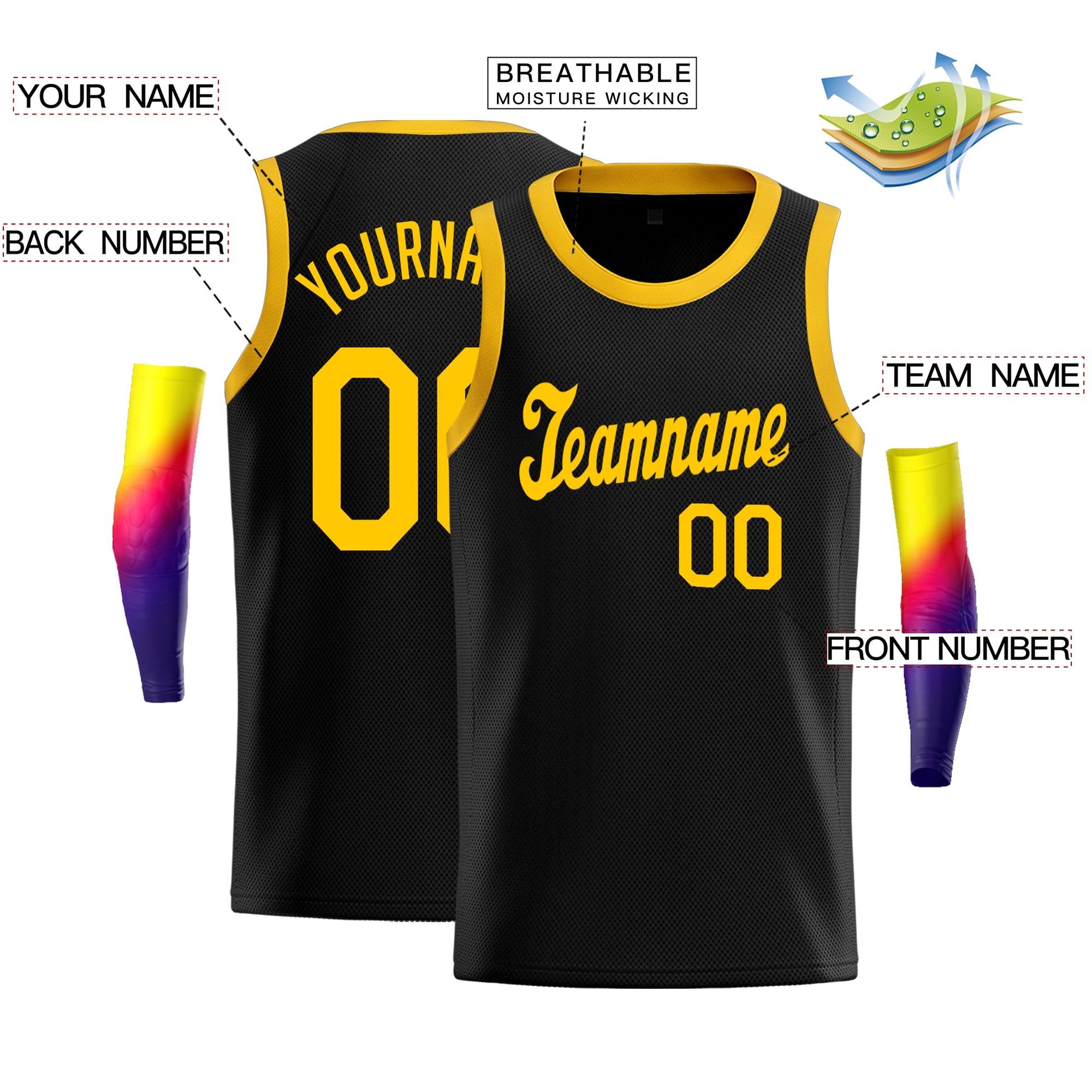 Maillot de basket-ball de jeu de sport, haut classique jaune noir personnalisé