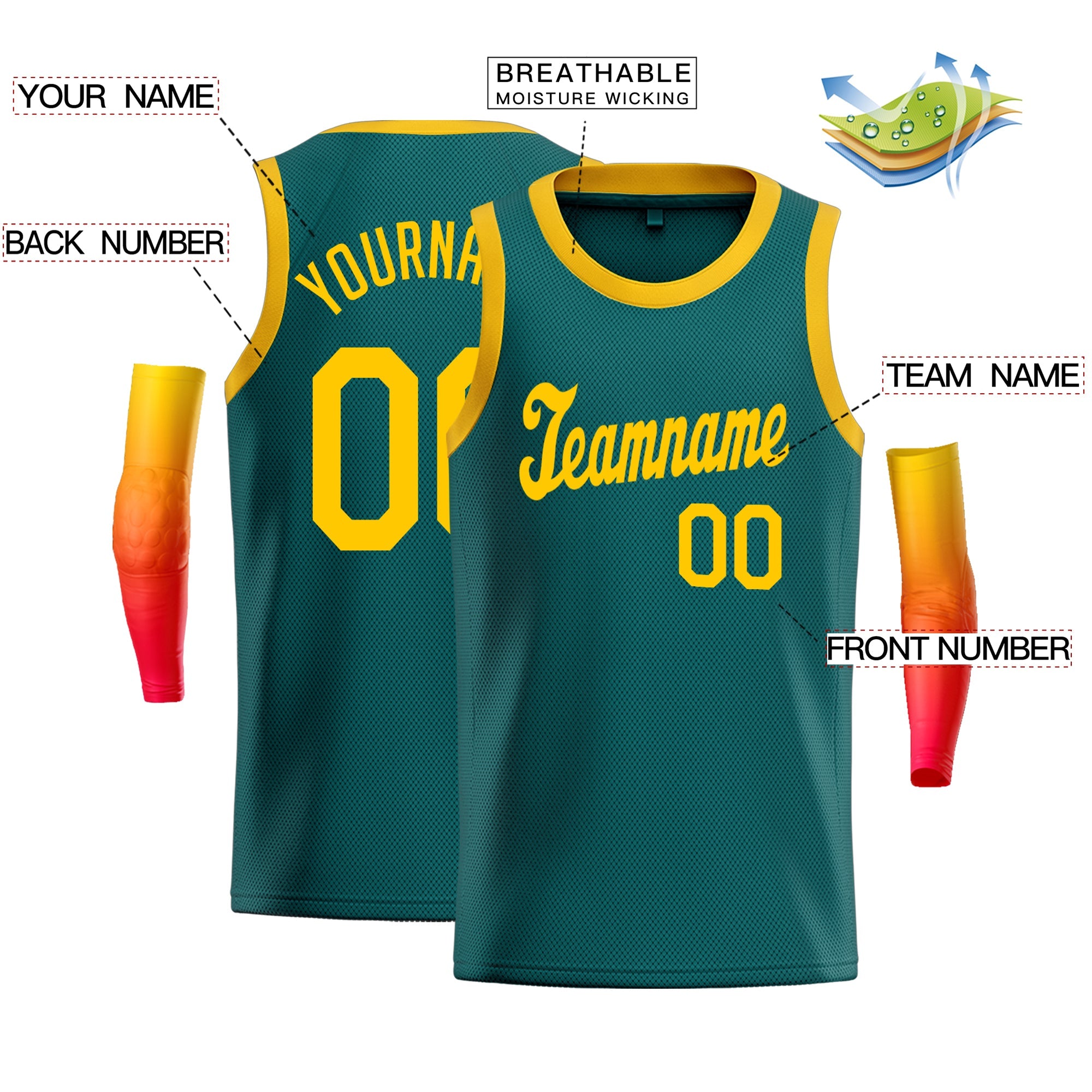 Custom Teal Yellow Classic Tops Breathable Basketball Jersey