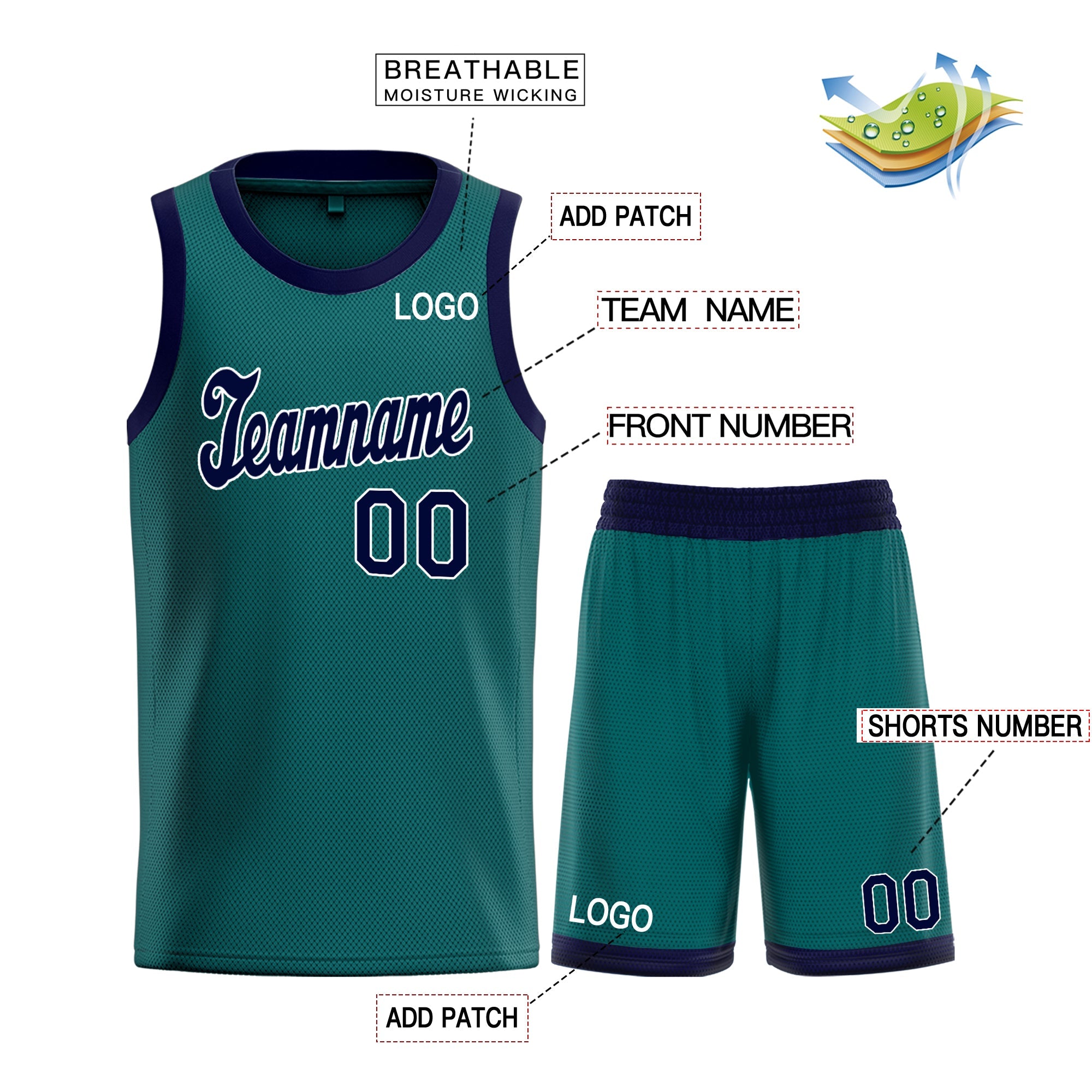 Maillot de basket-ball personnalisé, ensembles classiques de la marine verte