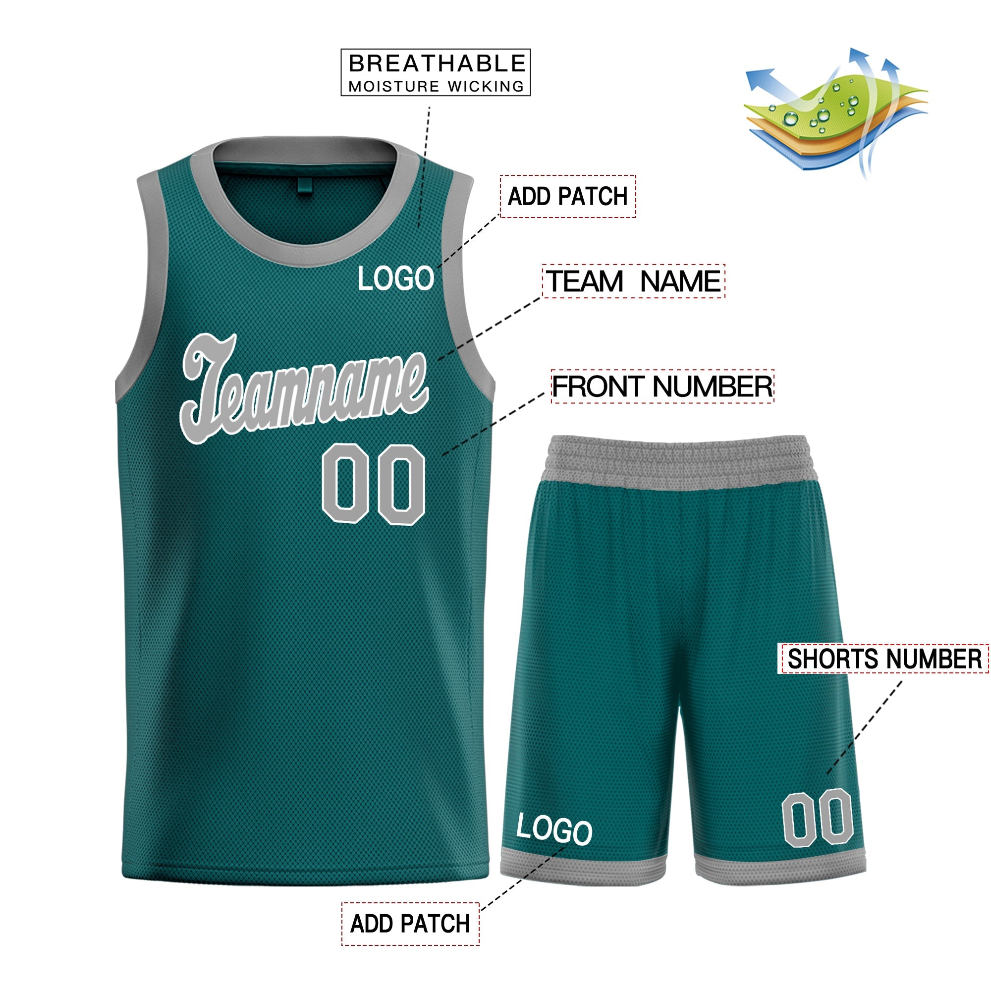 Custom Teal Gray-White Classic Tops Breathable Basketball Jersey