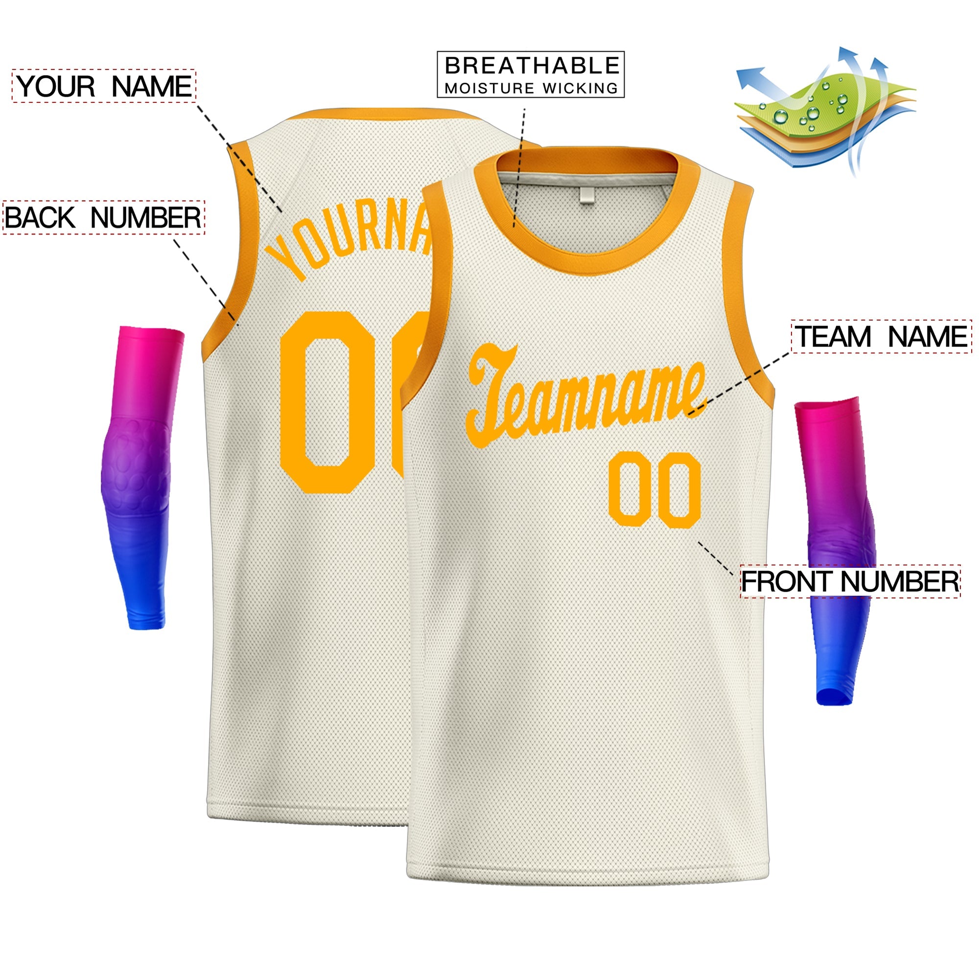 Maillot de basket-ball décontracté athlétique, haut classique jaune crème personnalisé