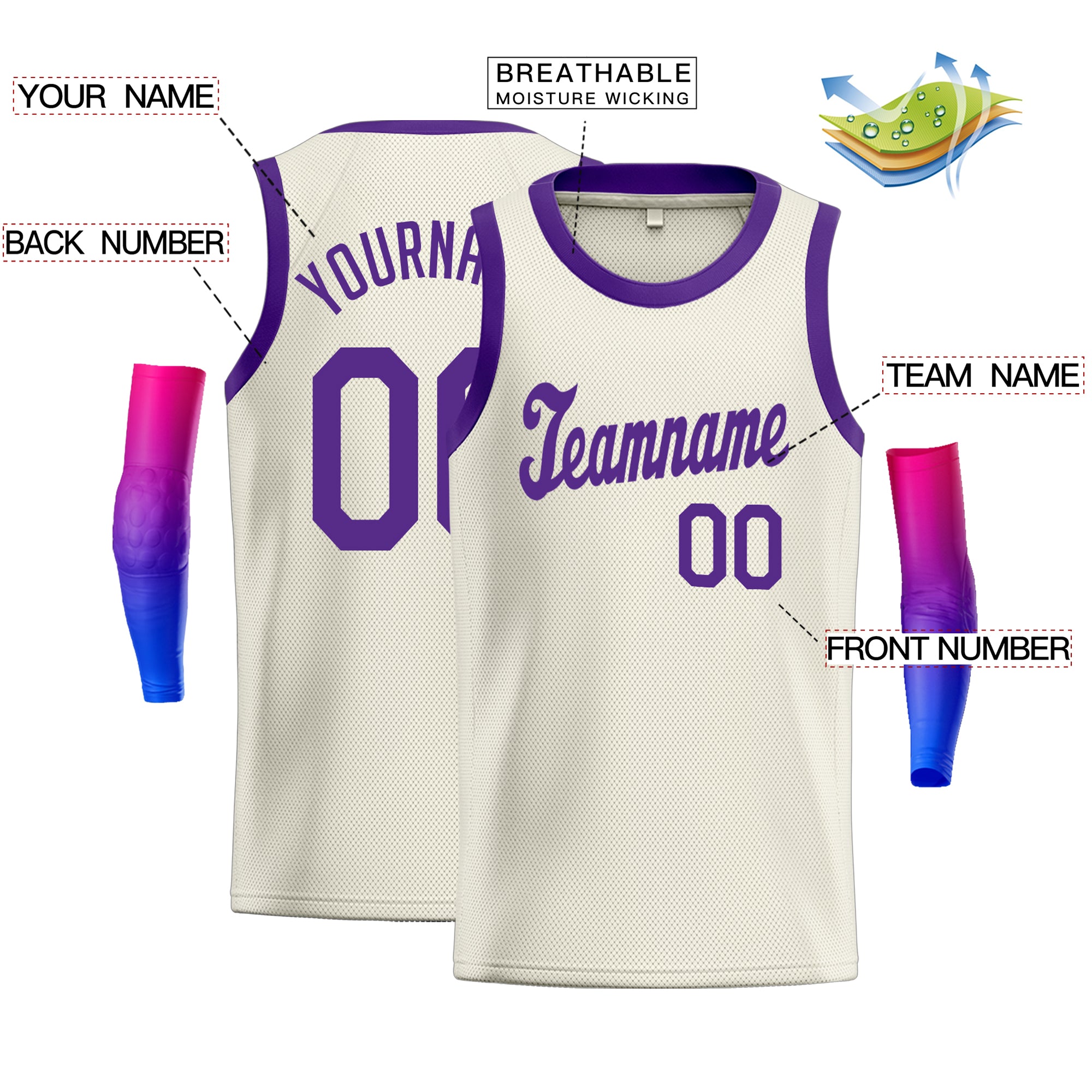 Maillot de basket-ball décontracté et athlétique, haut classique violet crème personnalisé