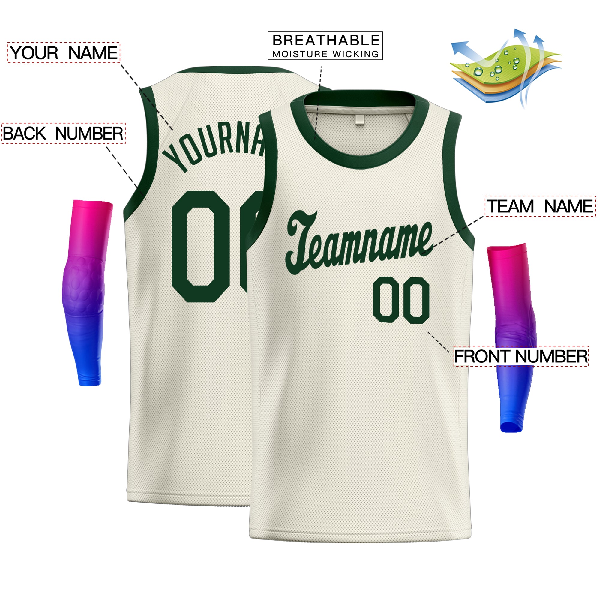 Custom Cream Green Classic Tops Men/Boy Basketball Jersey