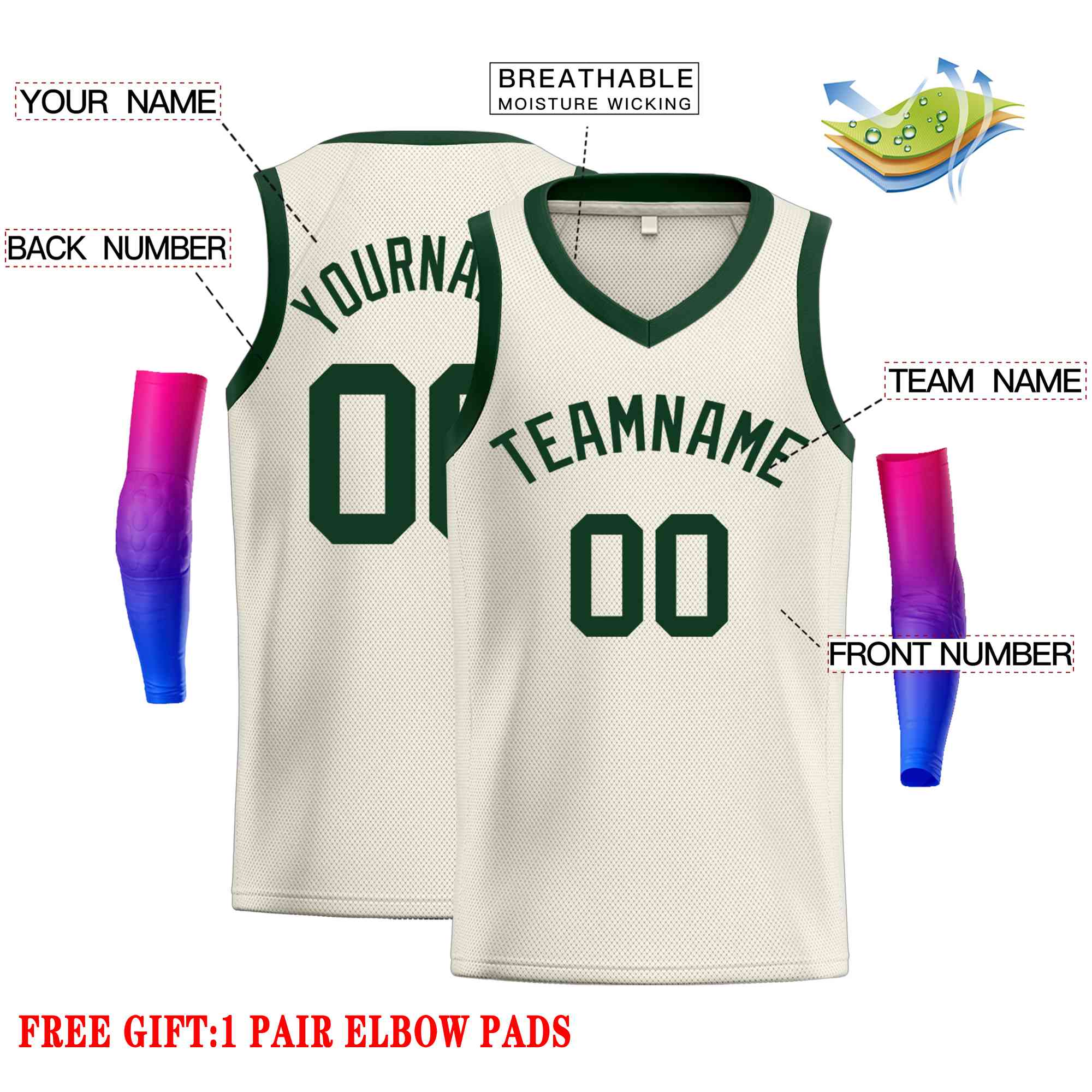 Crème personnalisée Hunter vert-classique hauts hommes maillot de basket-ball décontracté