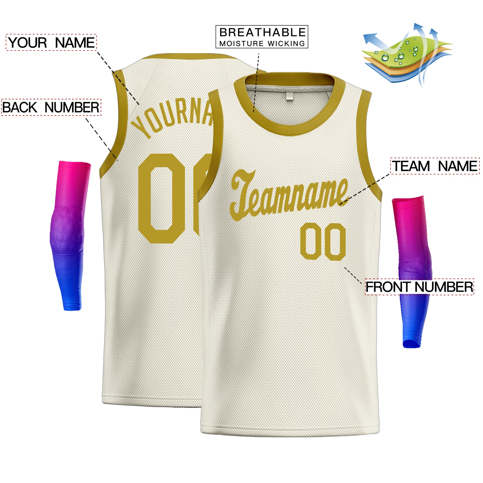 Maillot de basket-ball athlétique classique en or crème personnalisé