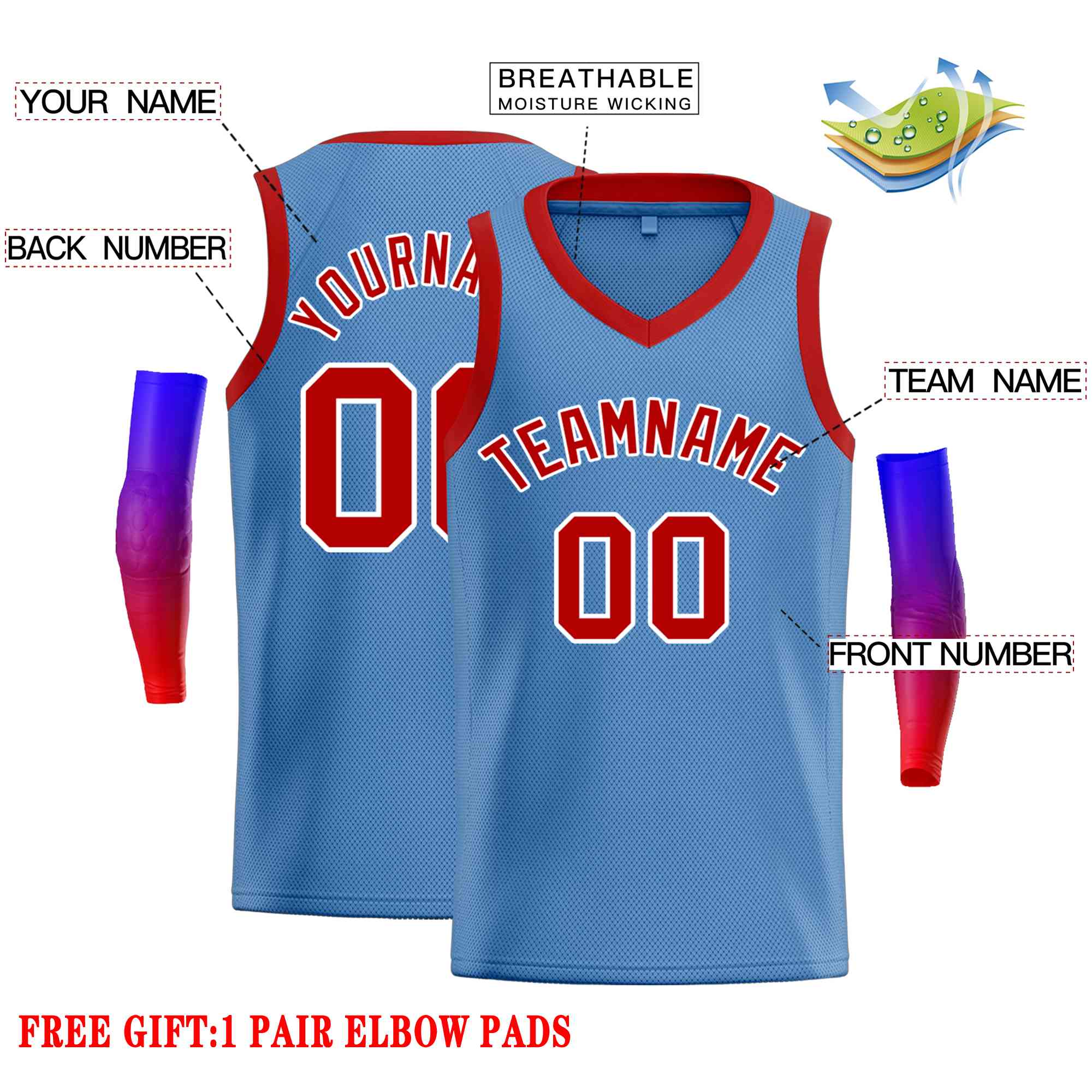 Custom Light Blue Red-White Classic Tops Men Casual Basketball Jersey