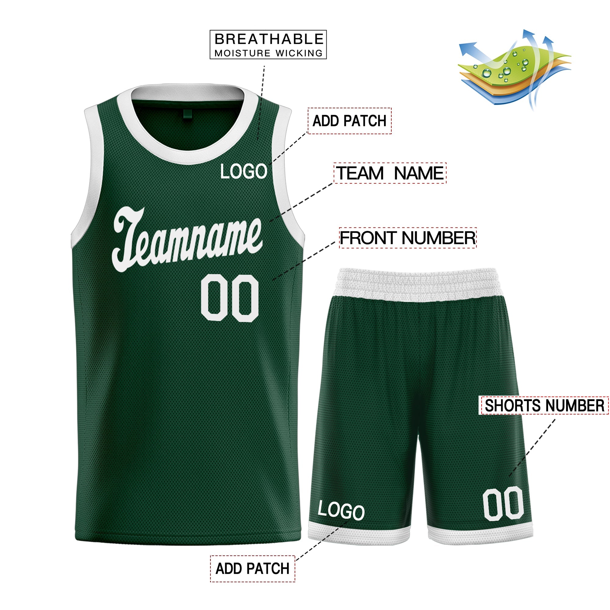 Maillot de basket-ball personnalisé vert blanc classique