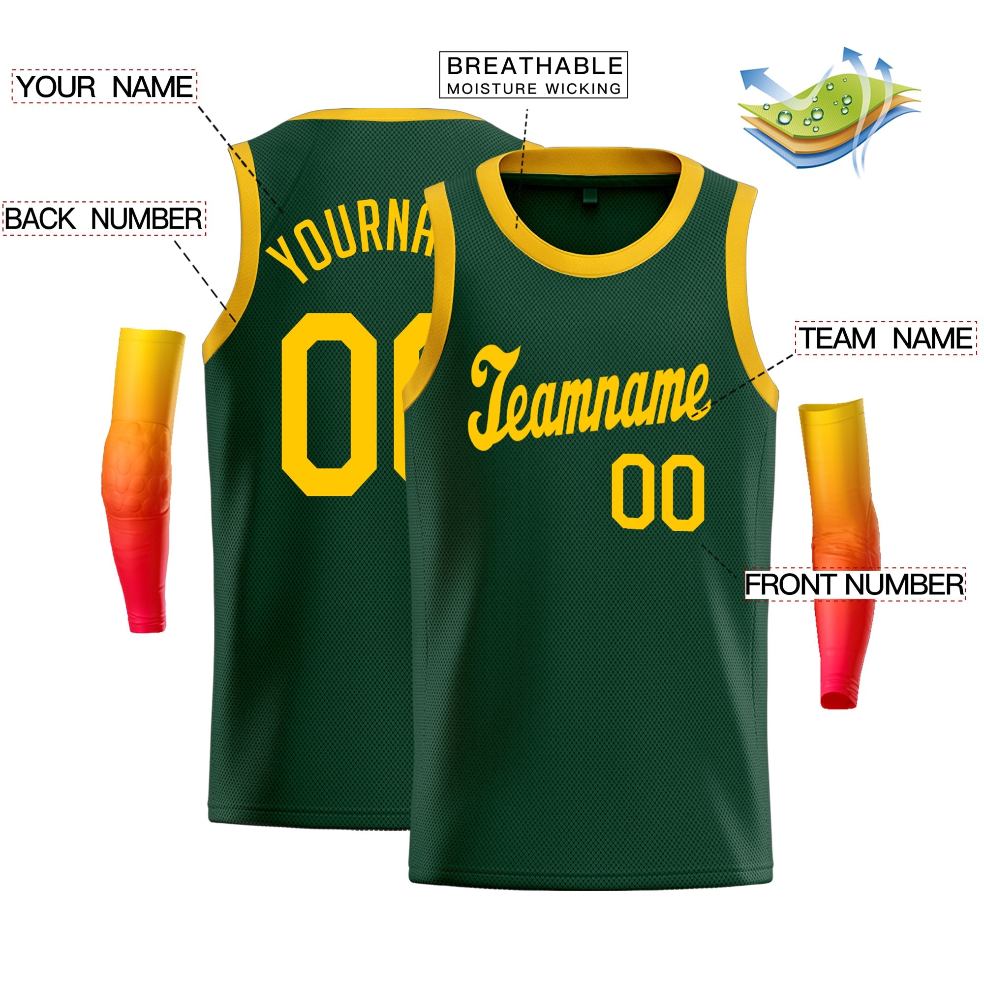 Maillot de basket-ball respirant en tête classique jaune vert personnalisé