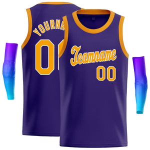 Maillot de basket-ball athlétique pour hommes, haut classique jaune violet personnalisé