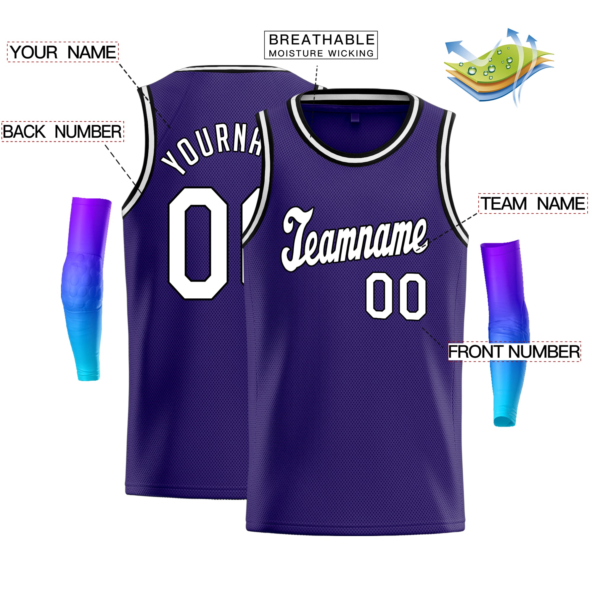 Personnalisé violet noir-blanc gris classique hauts hommes maillot de basket-ball décontracté