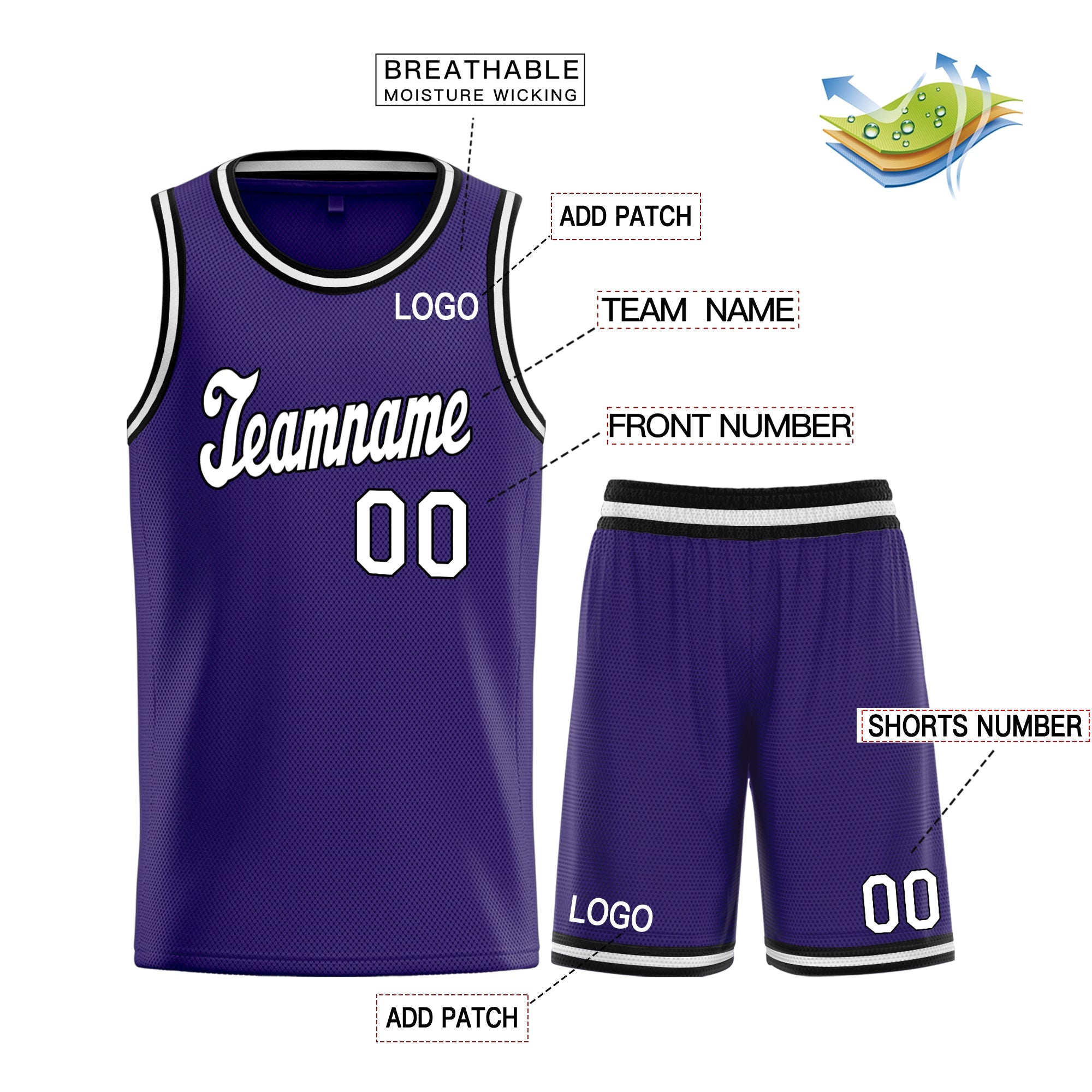 Maillot de basket-ball de sport personnalisé violet blanc-noir, ensembles classiques