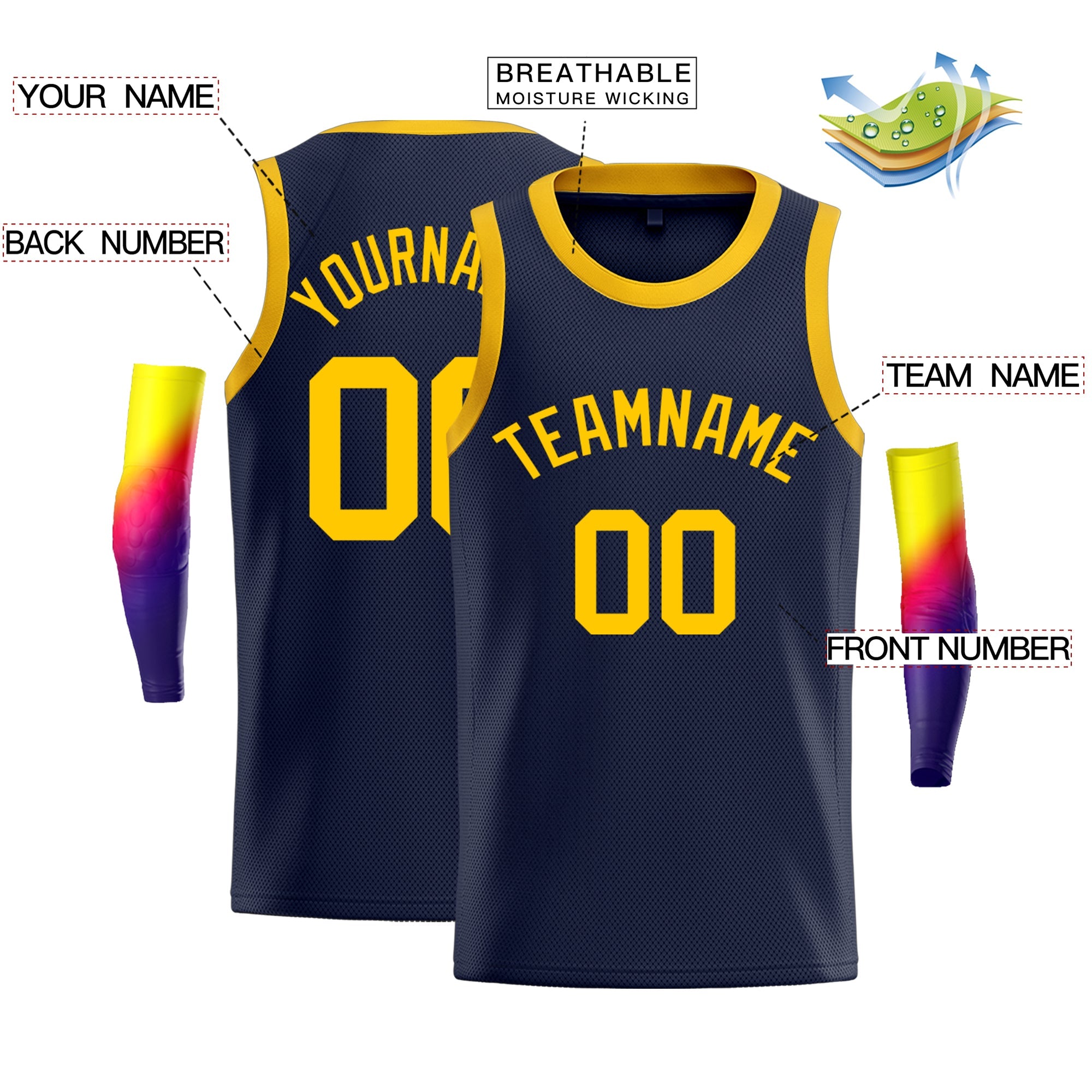 Custom Navy Yellow Classic Tops Fashion Vest Basketball Jersey