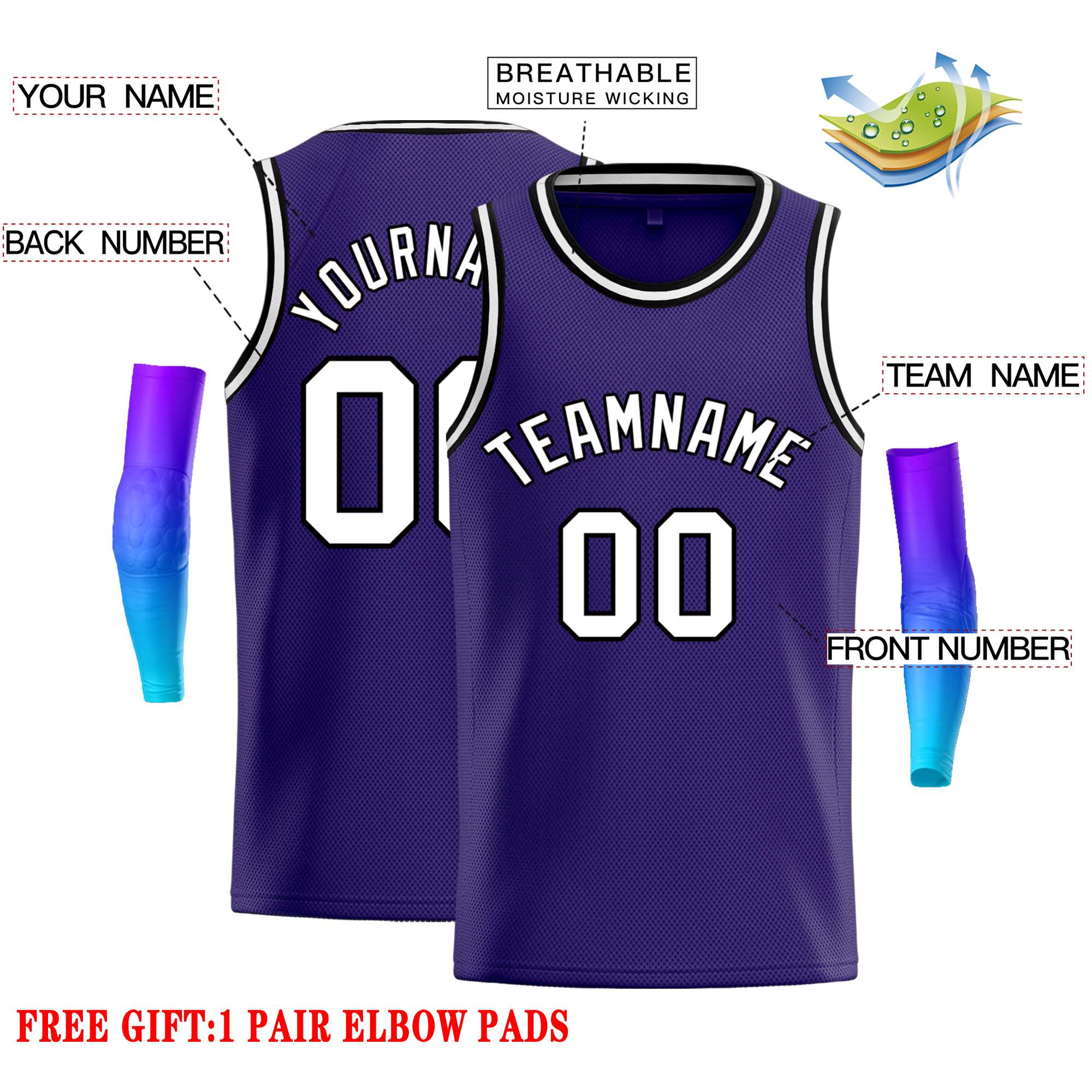 Maillot de basket-ball décontracté, haut classique violet blanc-noir personnalisé