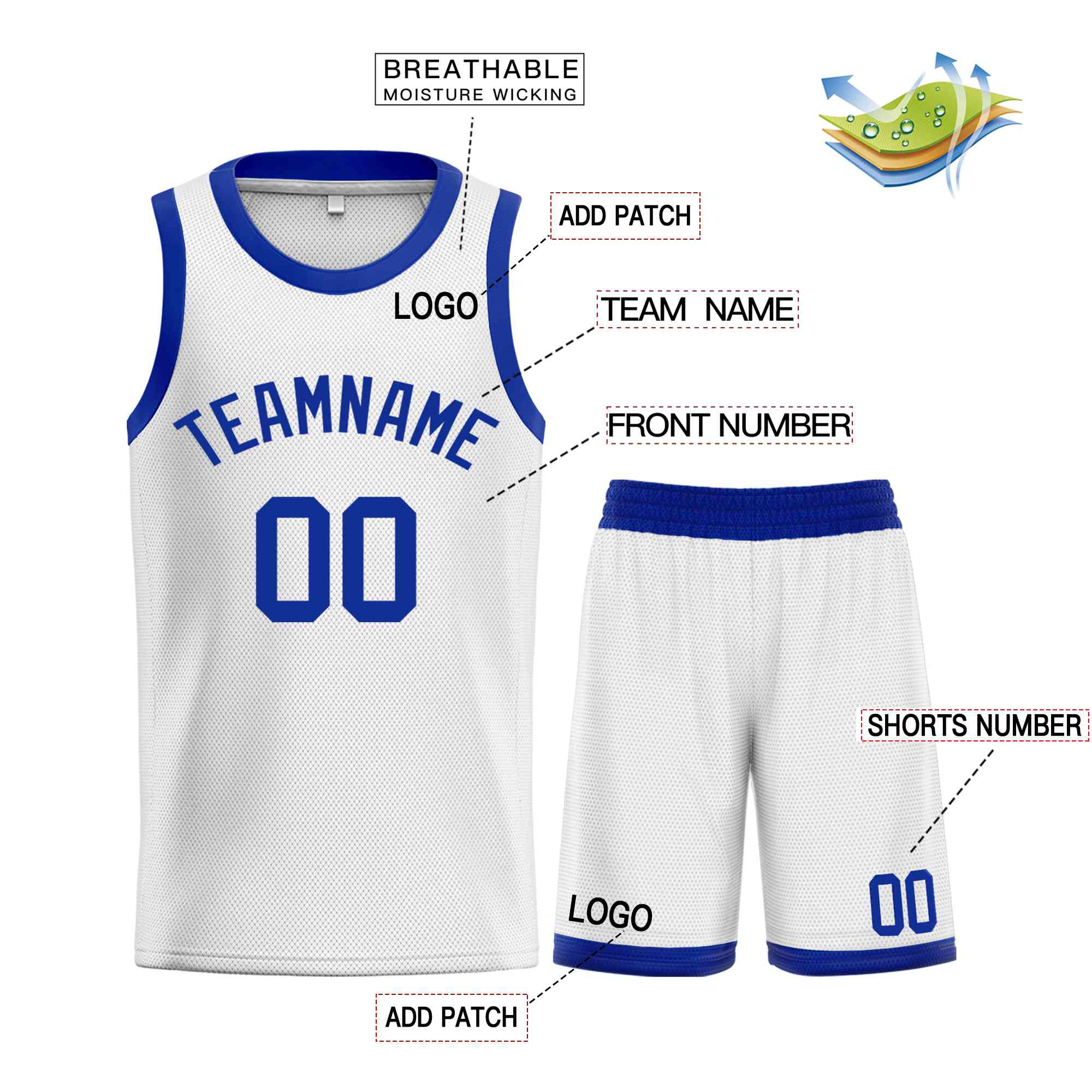 Maillot de basket-ball incurvé Royal-Classic blanc personnalisé