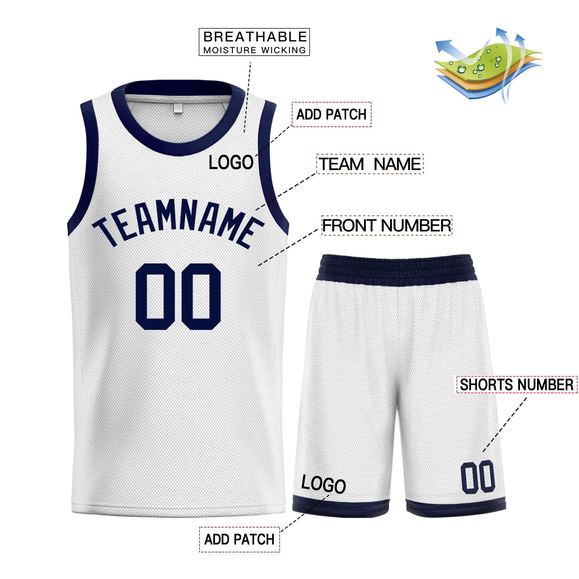 Maillot de basket-ball incurvé personnalisé blanc Navy-Classic