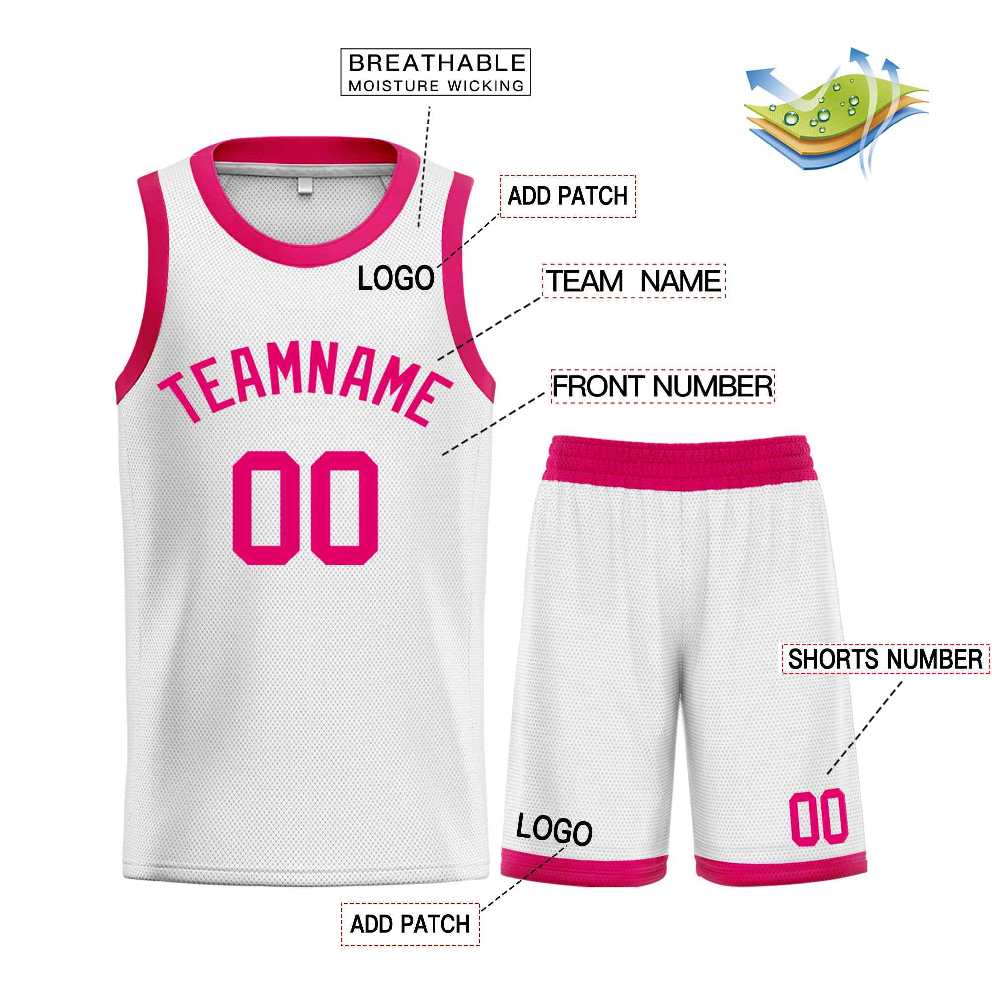 Maillot de basket-ball incurvé personnalisé blanc rose-classique