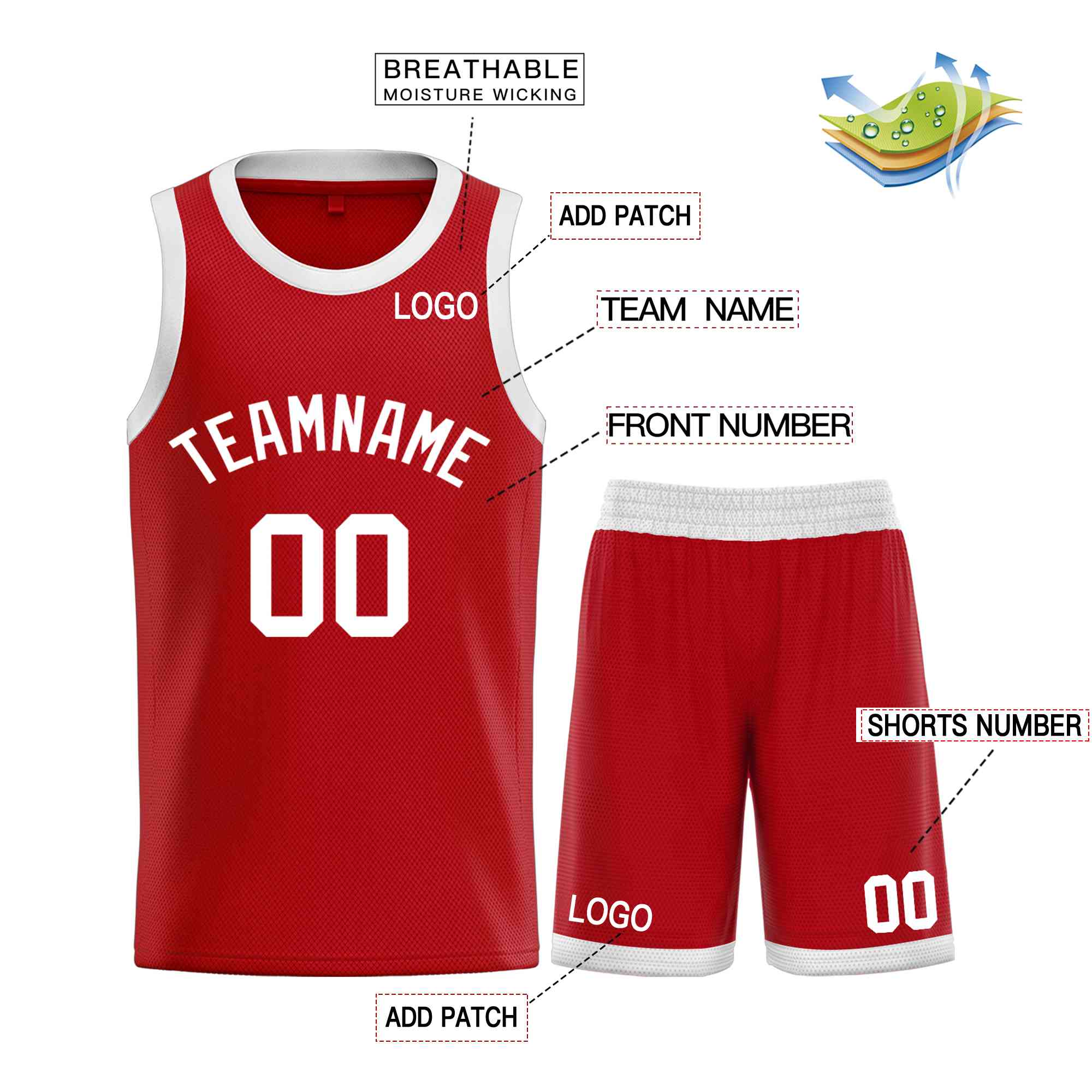 Maillot de basket-ball incurvé personnalisé rouge blanc-classique