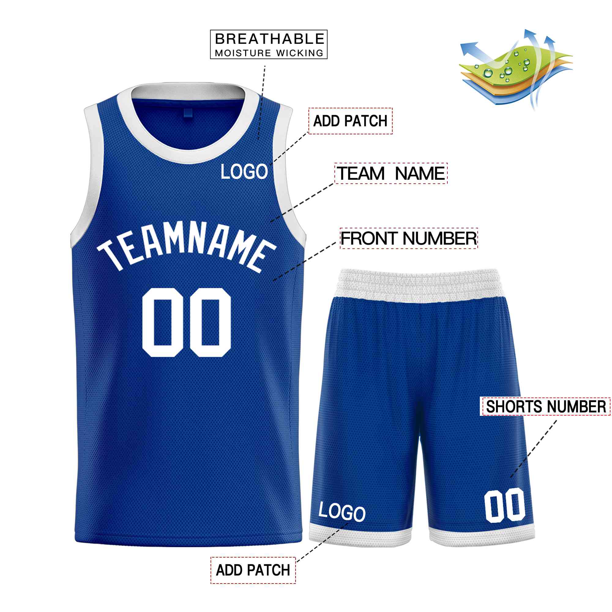 Maillot de basket-ball incurvé personnalisé Royal White-Classic Sets