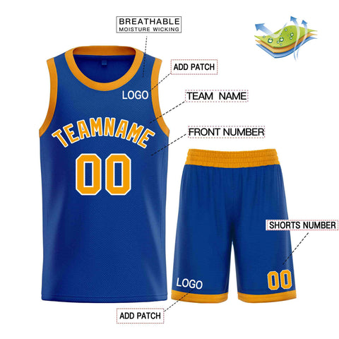 Custom Royal Yellow-White Classic Sets Curved Basketball Jersey