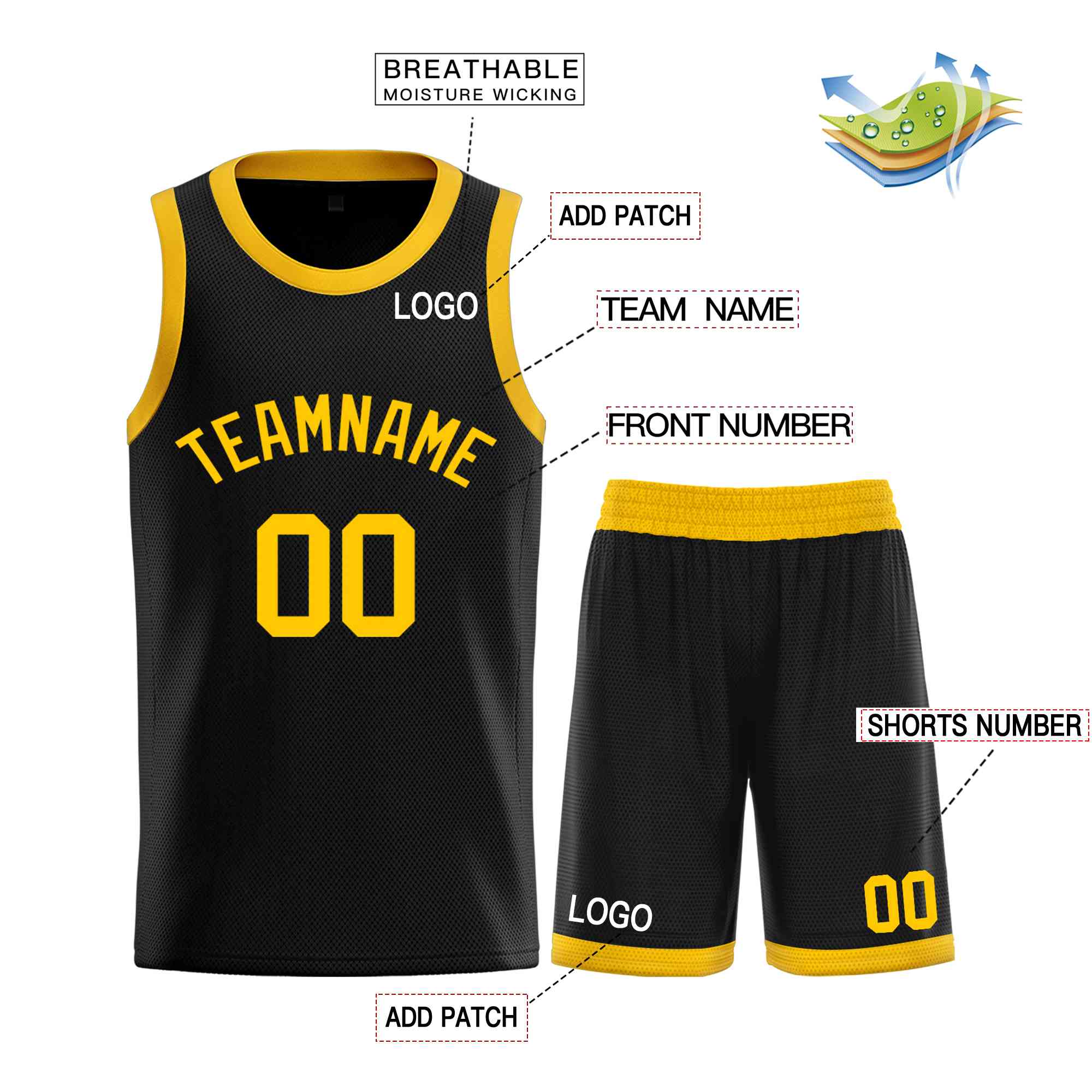 Maillot de basket-ball incurvé personnalisé noir jaune-classique