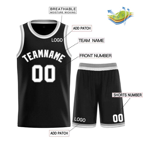 Custom Black White-Gray Classic Sets Curved Basketball Jersey