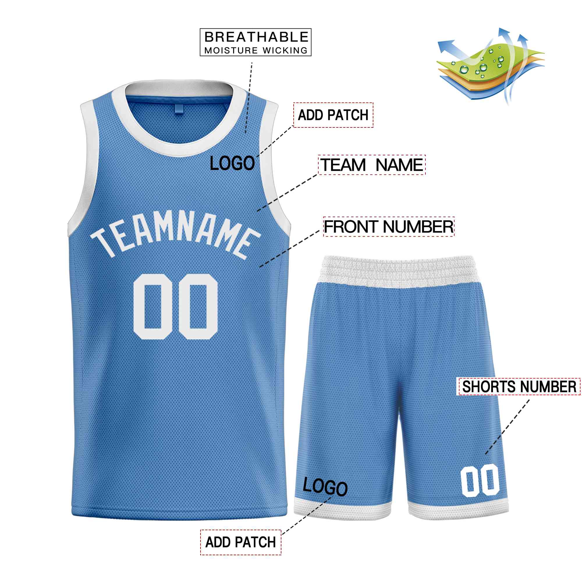 Maillot de basket-ball personnalisé, ensemble classique de taureau blanc bleu clair