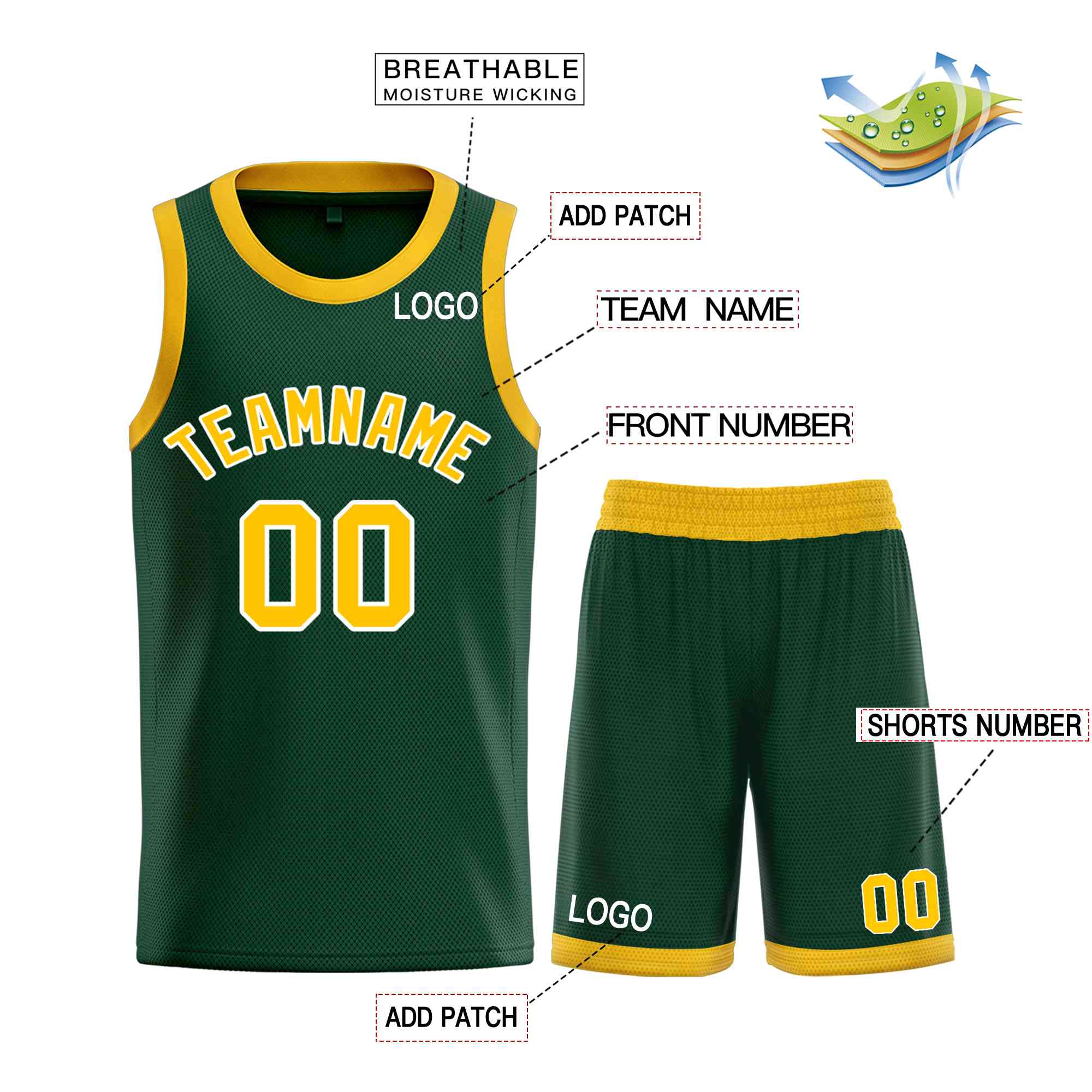 Maillot de basket-ball incurvé personnalisé Hunter vert jaune-blanc Bull Classic