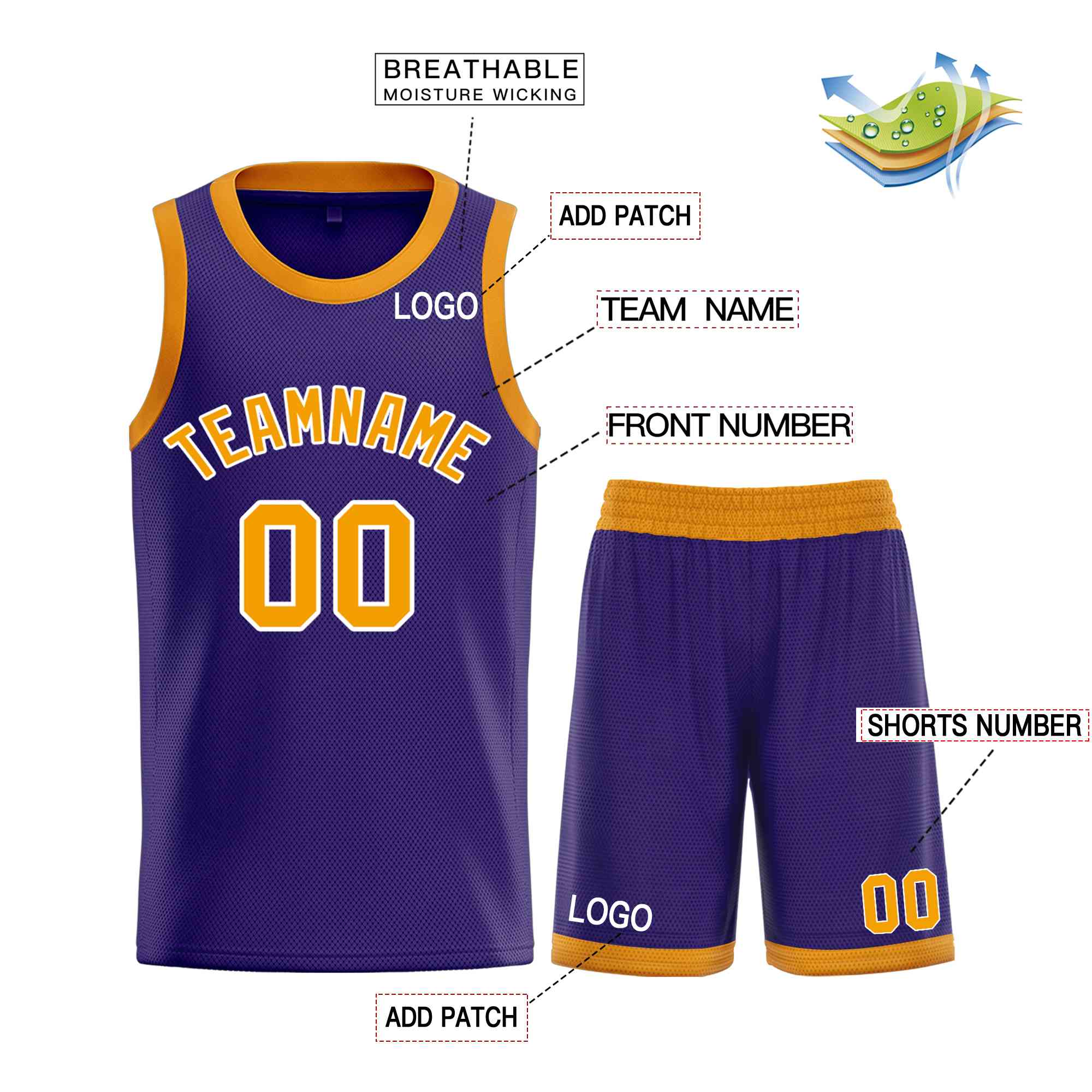 Maillot de basket-ball incurvé personnalisé, violet, jaune et blanc, ensembles classiques de taureau