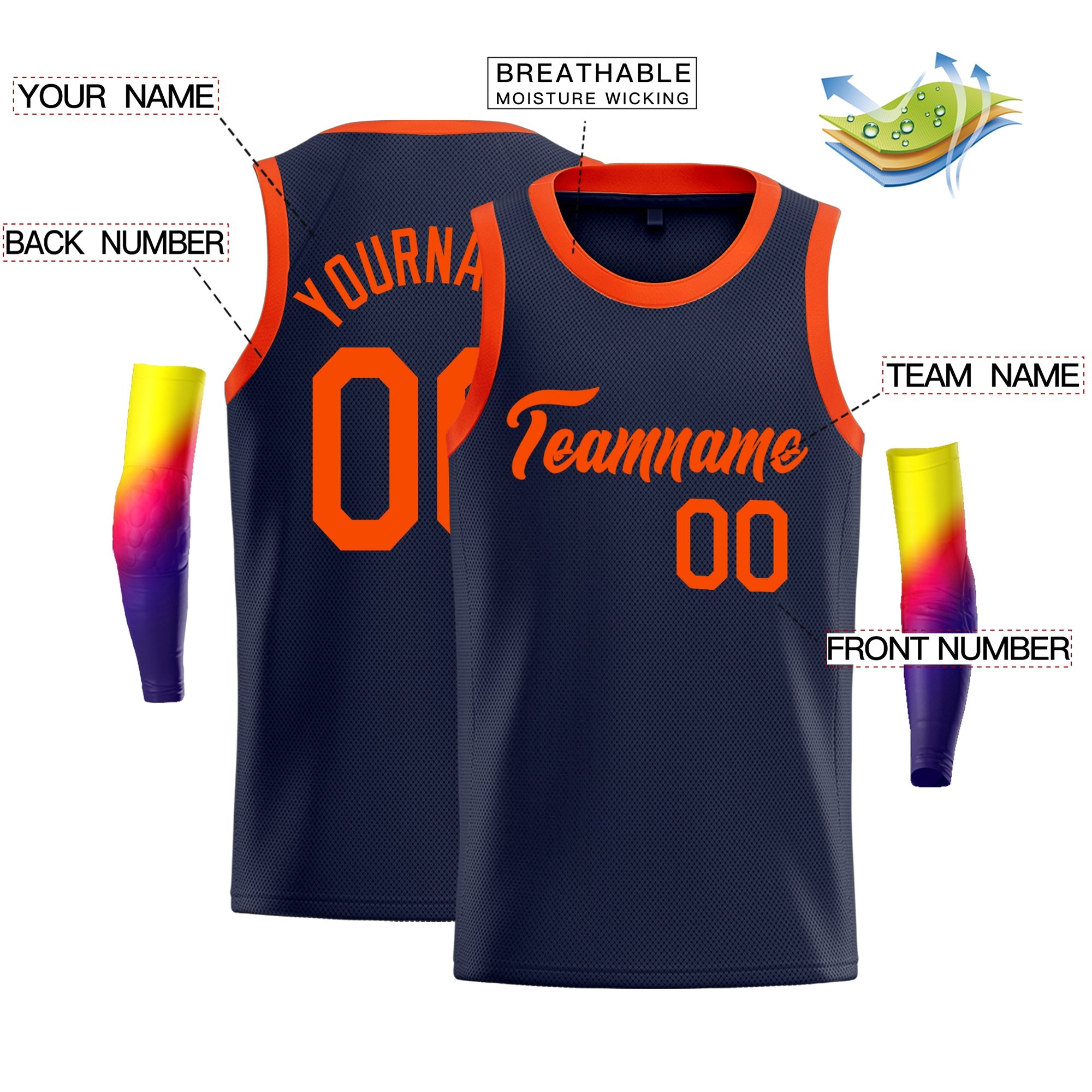 Maillot de basket-ball personnalisé, gilet de Sport, haut classique Orange marine personnalisé