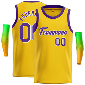 Maillot de basket-ball décontracté, haut classique jaune violet-blanc personnalisé