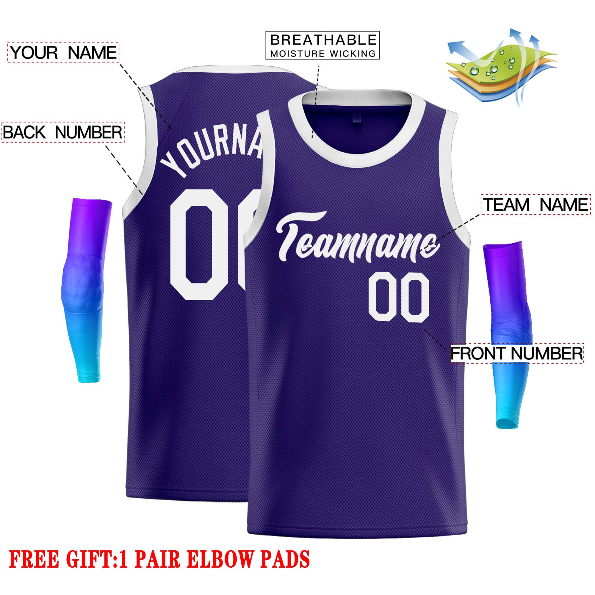 Maillot de basket-ball décontracté, personnalisé, violet et blanc, hauts classiques