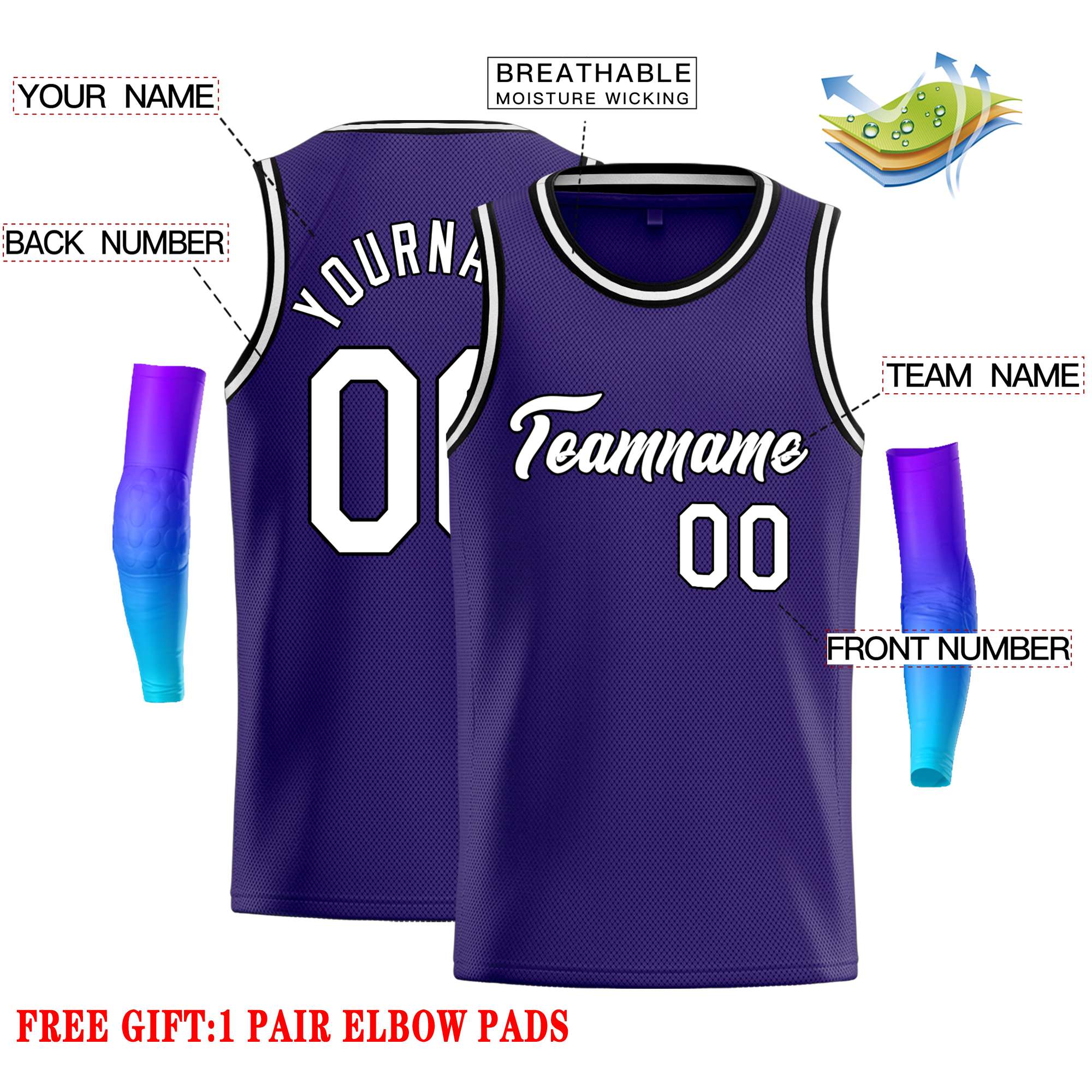 Maillot de basket-ball décontracté, haut classique violet blanc-noir personnalisé