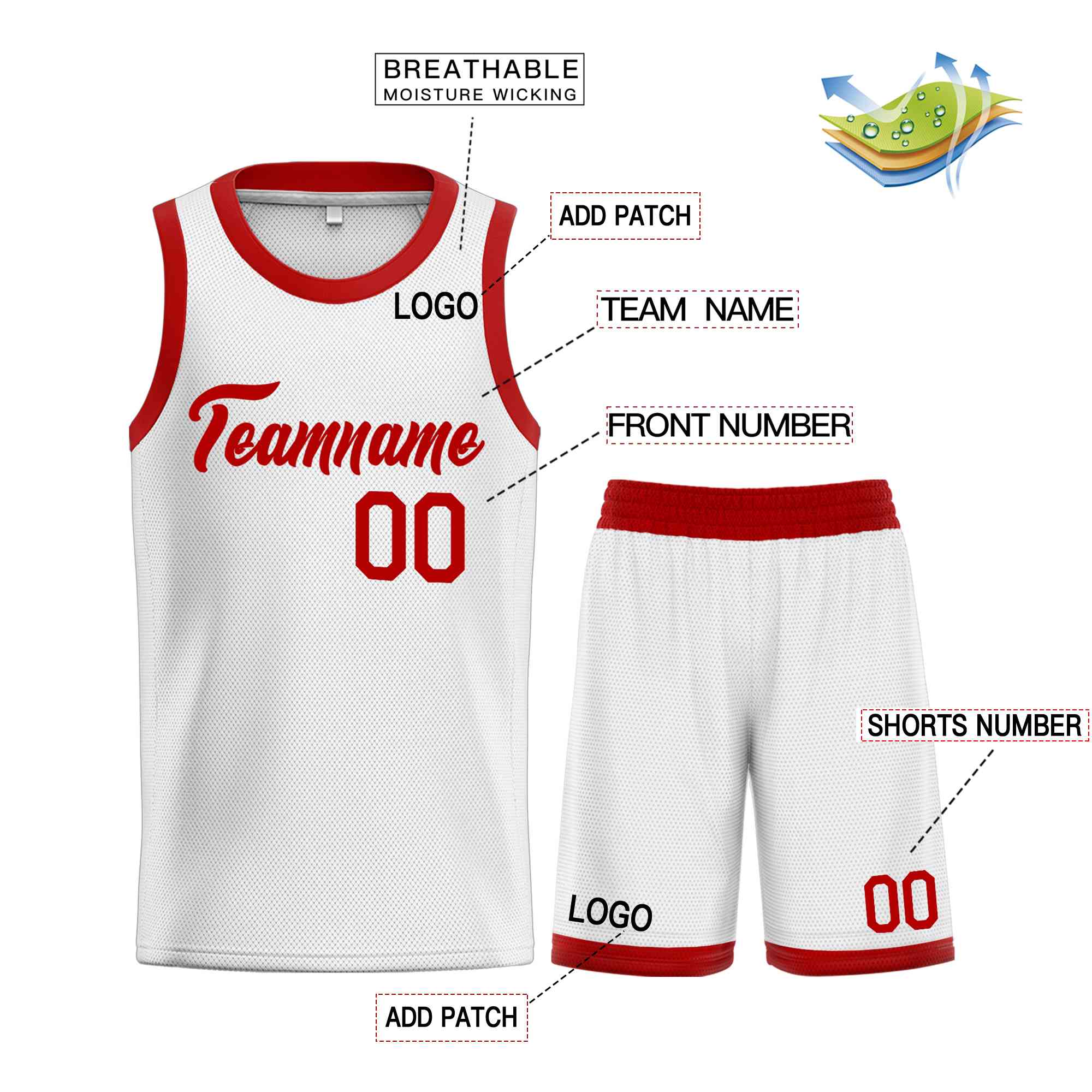 Uniforme de sport personnalisé blanc et rouge, ensembles classiques de basket-ball