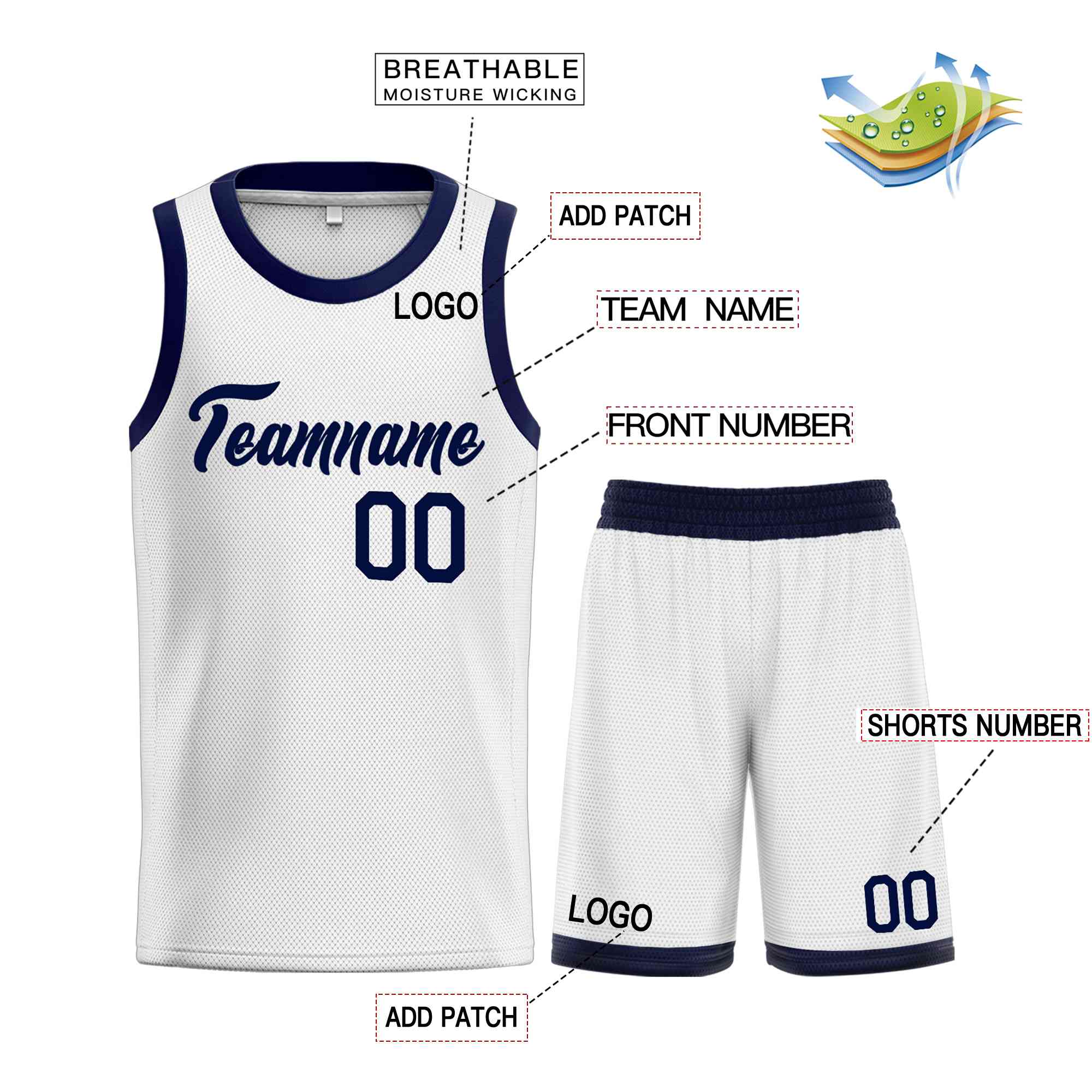 Uniforme de sport de guérison de la marine blanche personnalisée, ensembles classiques de maillot de basket-ball