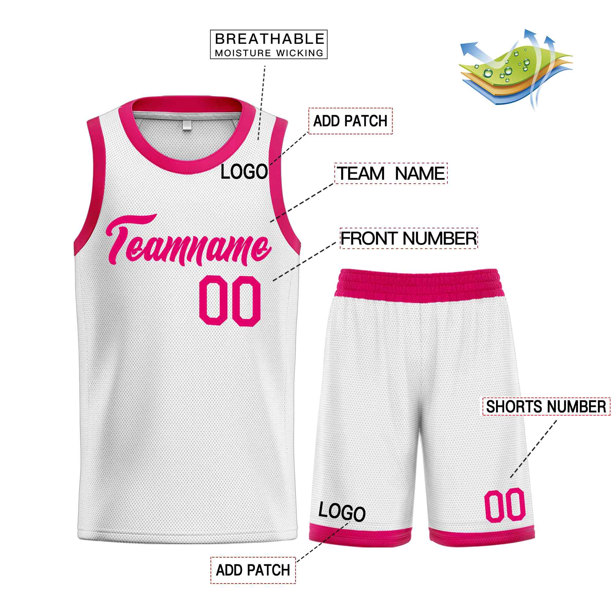 Uniforme de sport de guérison rose blanc personnalisé, ensembles classiques de maillot de basket-ball