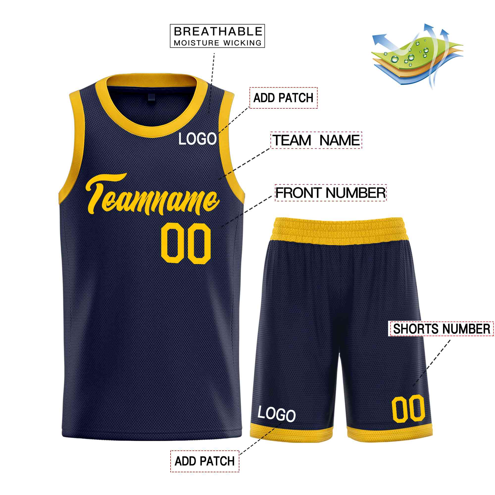 Uniforme de sport personnalisé jaune marine, ensembles classiques de basket-ball, maillot de basket-ball