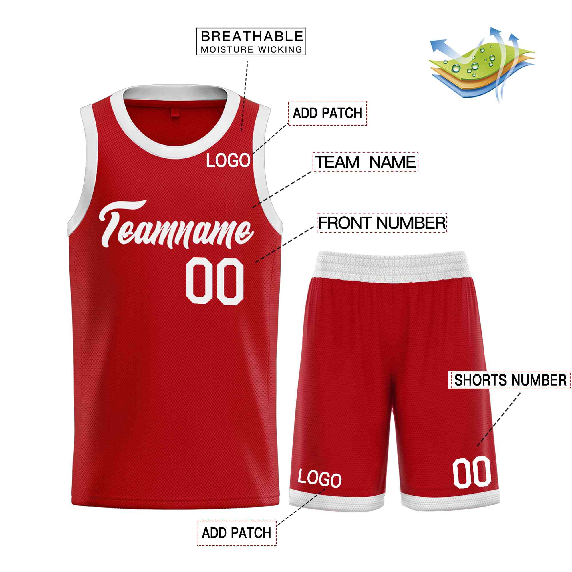 Uniforme de sport de guérison blanc rouge personnalisé, ensembles classiques de maillot de basket-ball