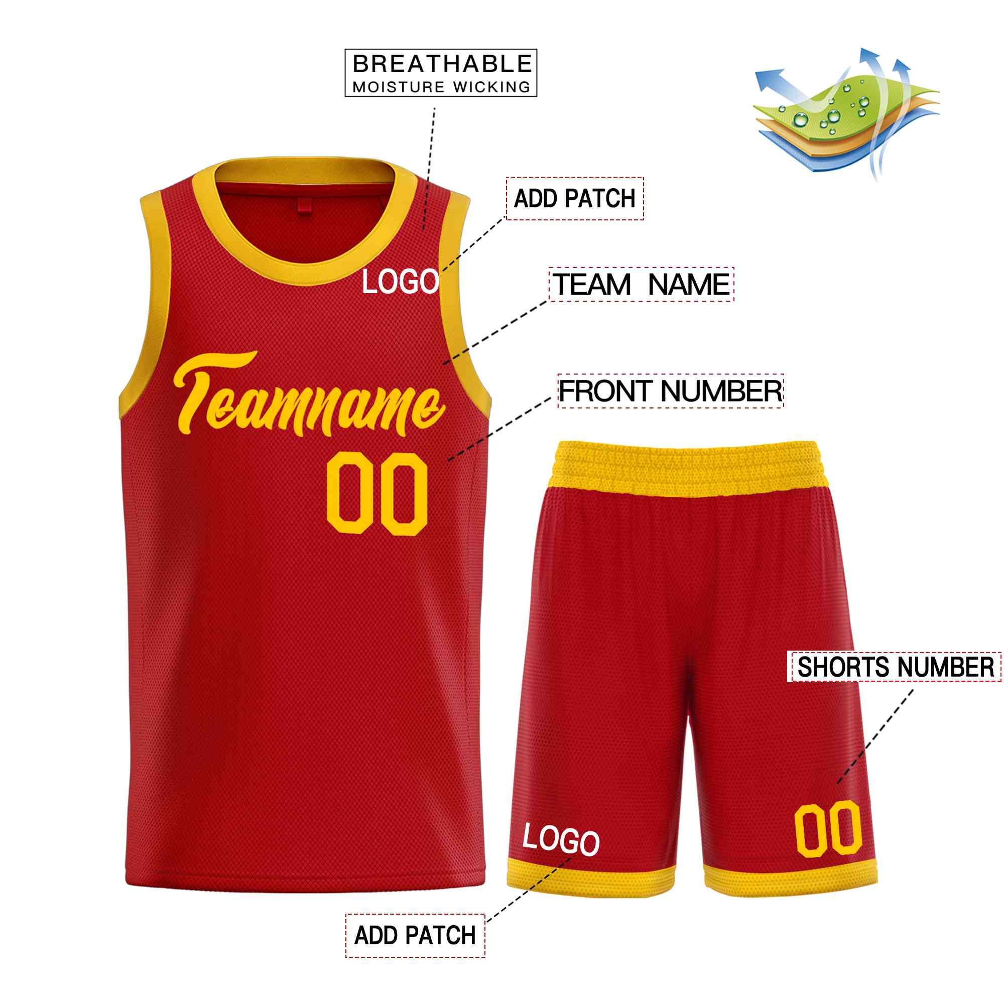 Uniforme de sport de guérison jaune rouge personnalisé, ensembles classiques de maillot de basket-ball