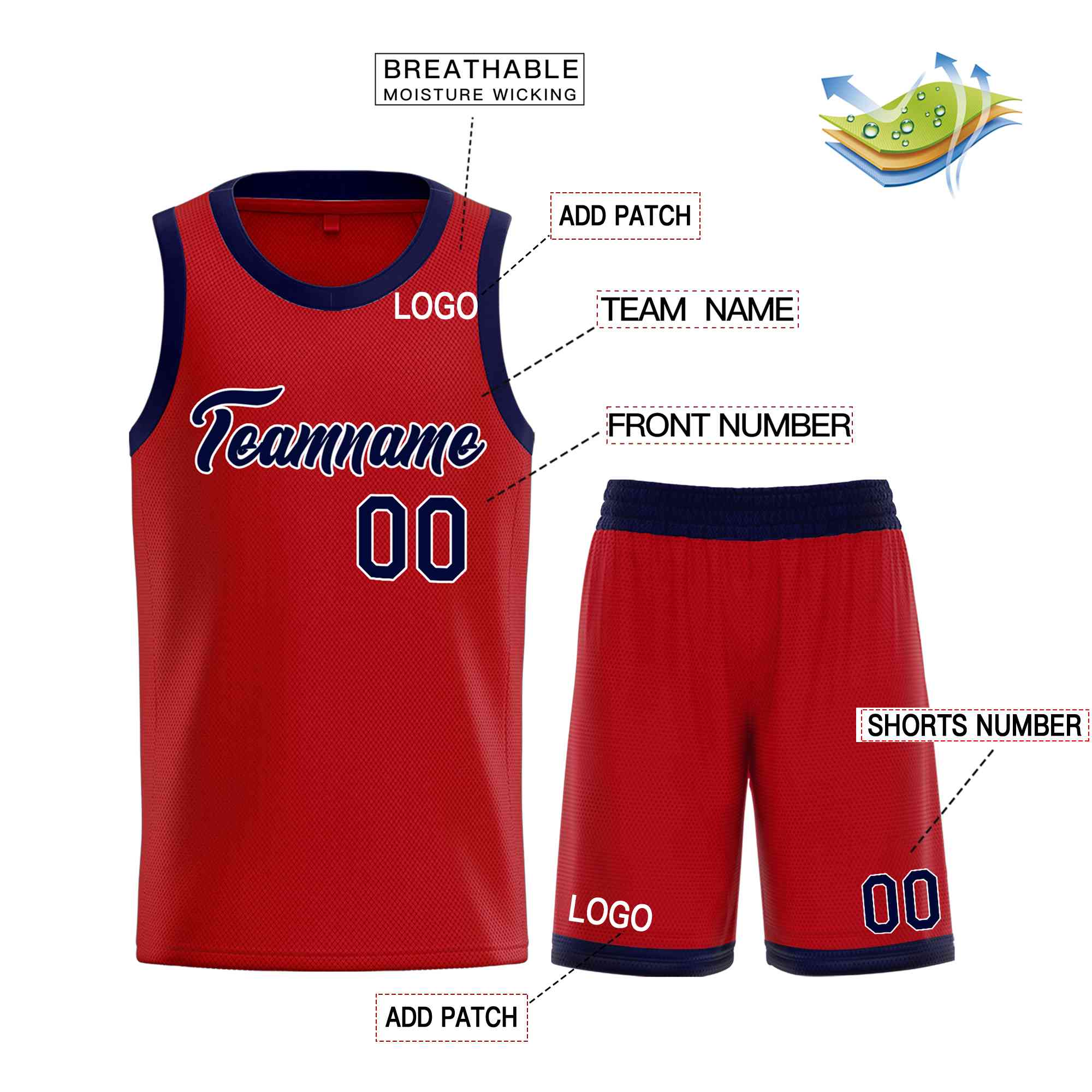 Uniforme de sport de guérison de la marine rouge personnalisé, ensembles classiques, maillot de basket-ball