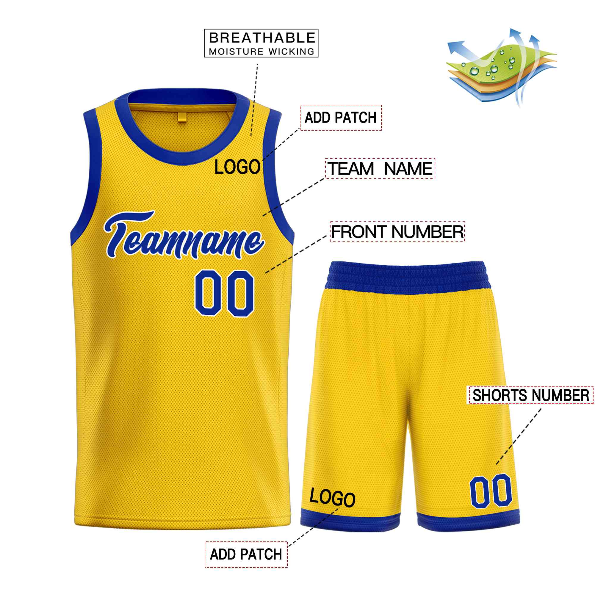 Uniforme de sport de guérison jaune Royal-blanc personnalisé, ensembles classiques, maillot de basket-ball