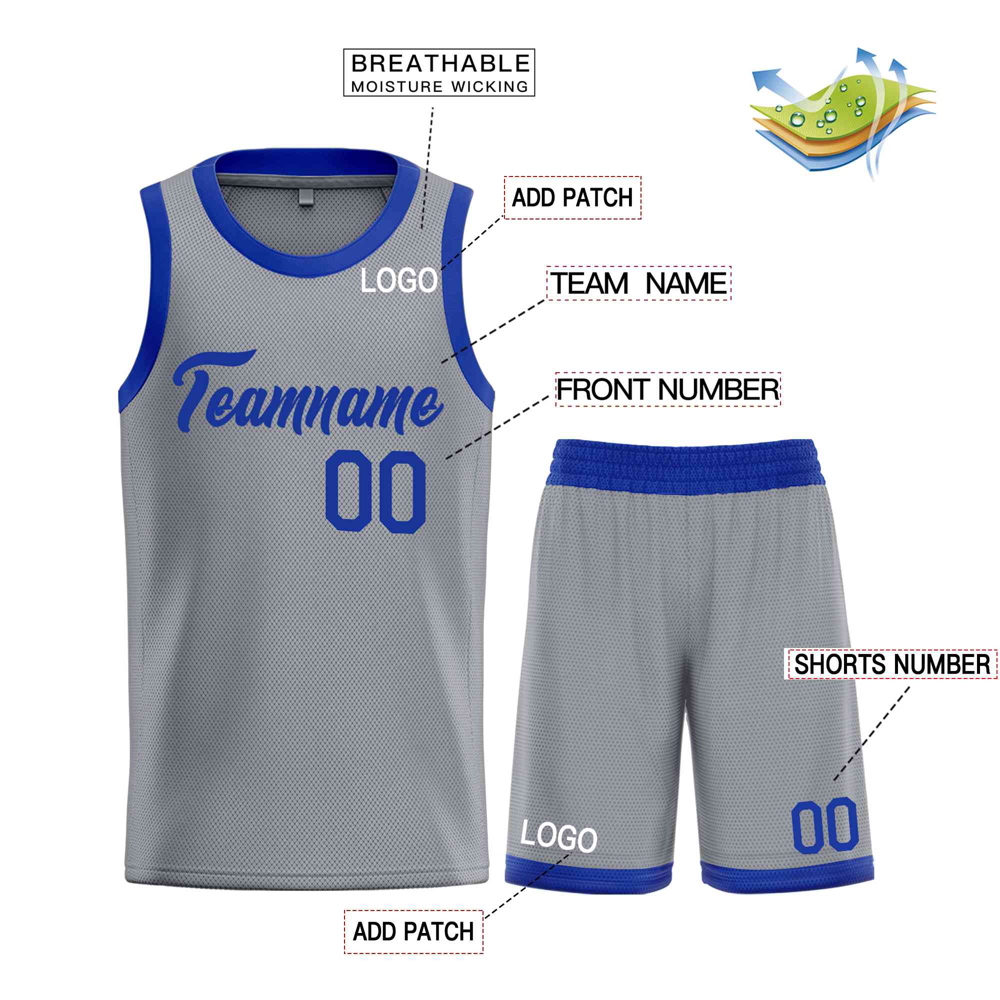 Uniforme de sport Royal Heal gris foncé personnalisé, ensembles classiques de maillot de basket-ball