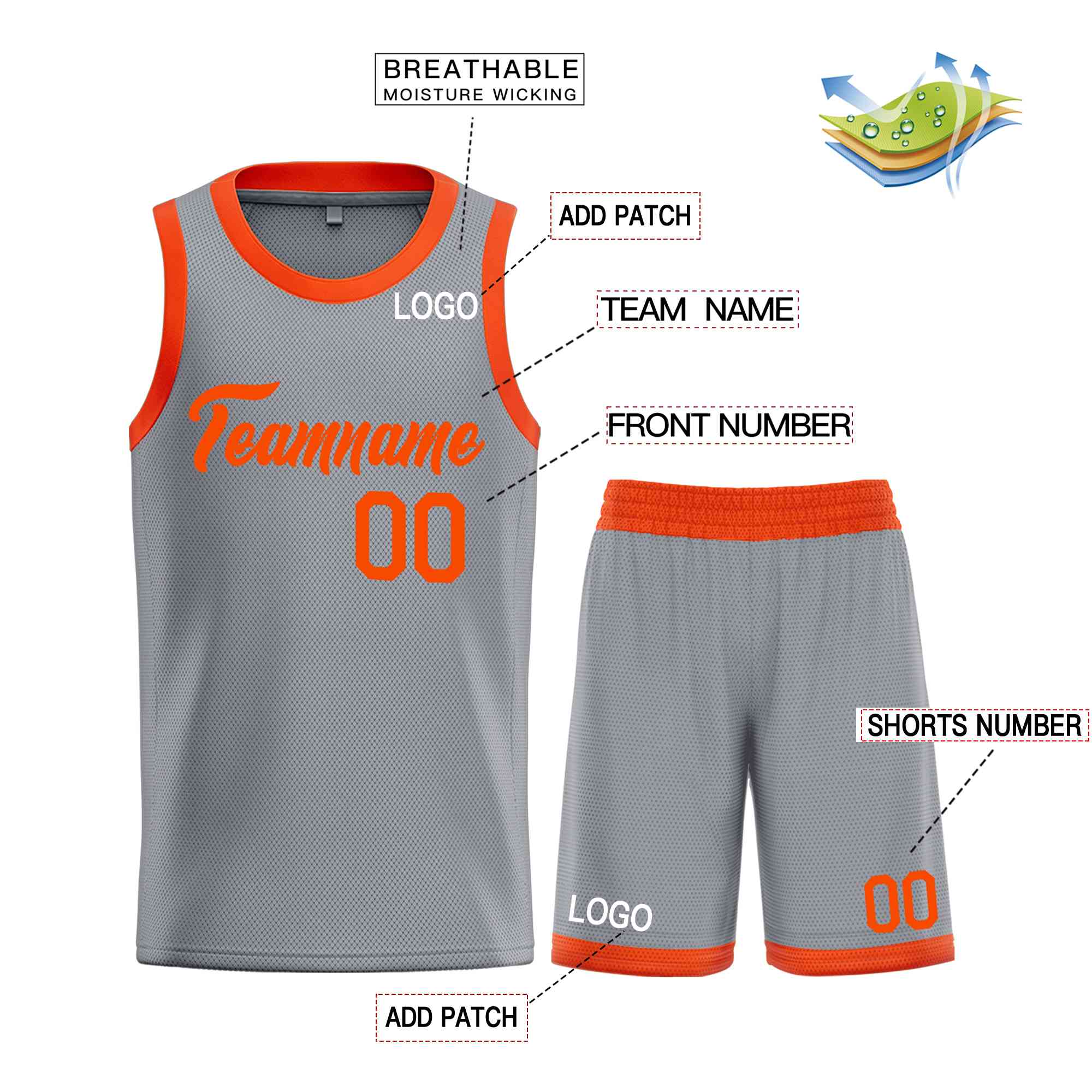 Uniforme de sport de guérison Orange gris foncé personnalisé, ensembles classiques, maillot de basket-ball