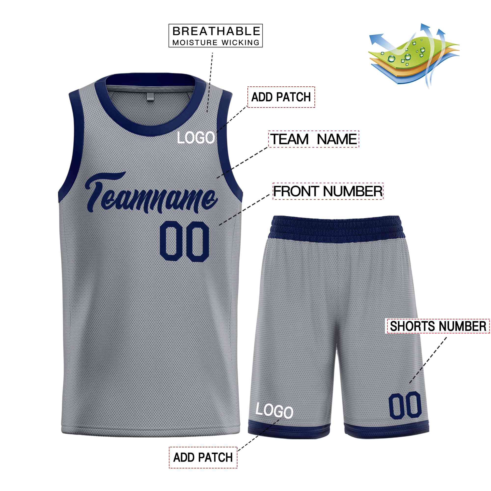 Uniforme de sport de guérison de la marine gris foncé personnalisé, ensembles classiques de maillot de basket-ball