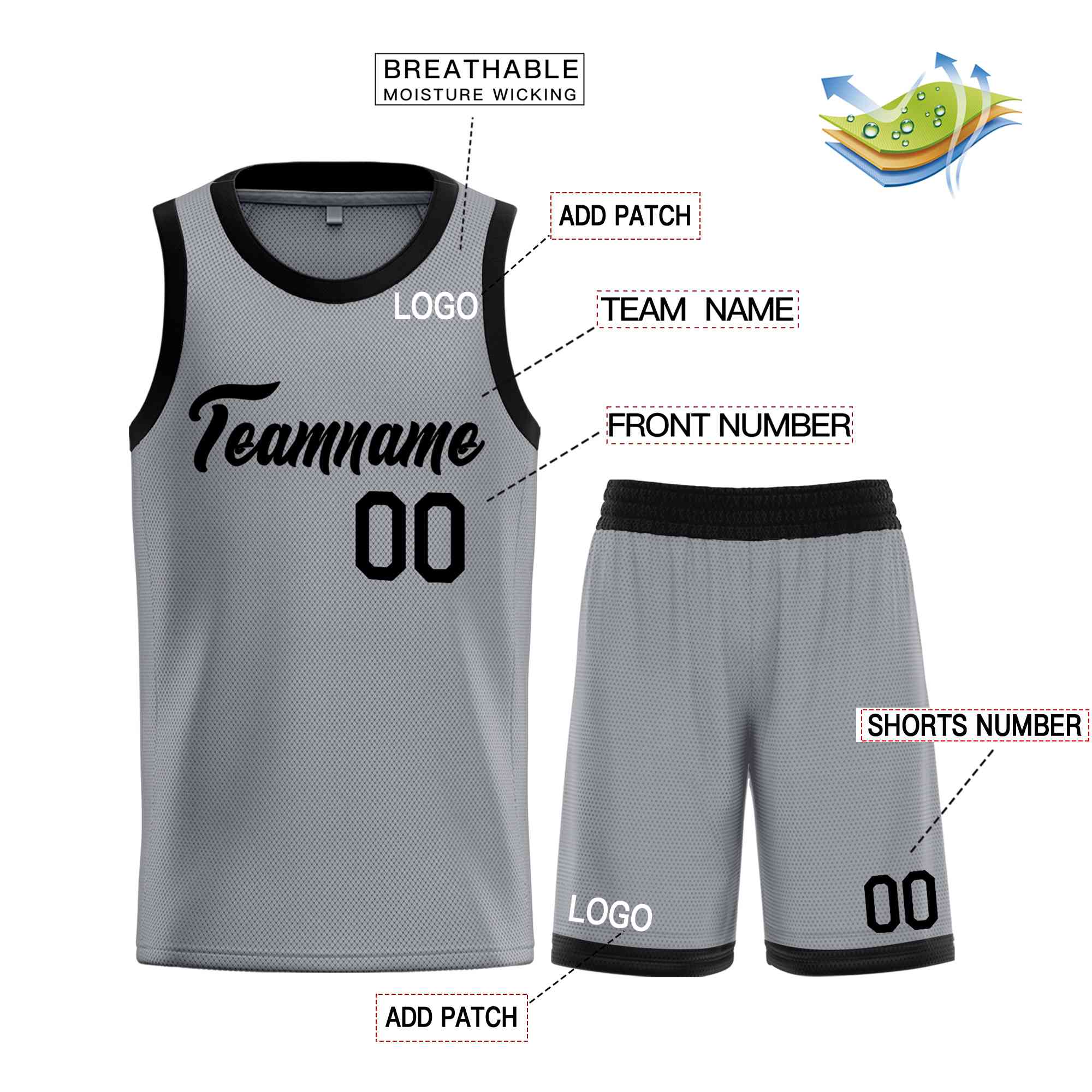 Uniforme de sport de guérison noir gris foncé personnalisé, ensembles classiques de maillot de basket-ball